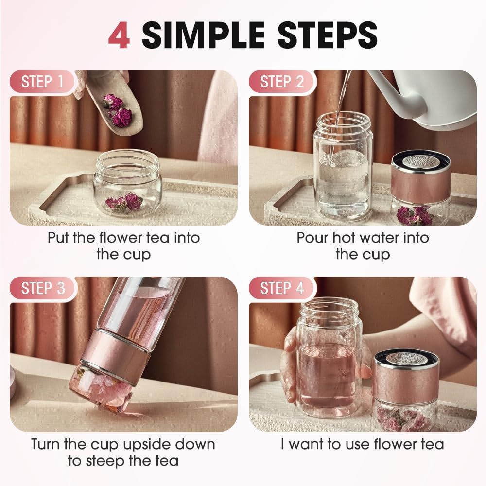 Double Wall Glass Tea Infuser Bottle Tumbler - 12oz/350ml Leakproof Travel Mug with Stainless Steel Filter for Loose Leaf Tea & Fruit Water, Hot or Cold Ready — image 6