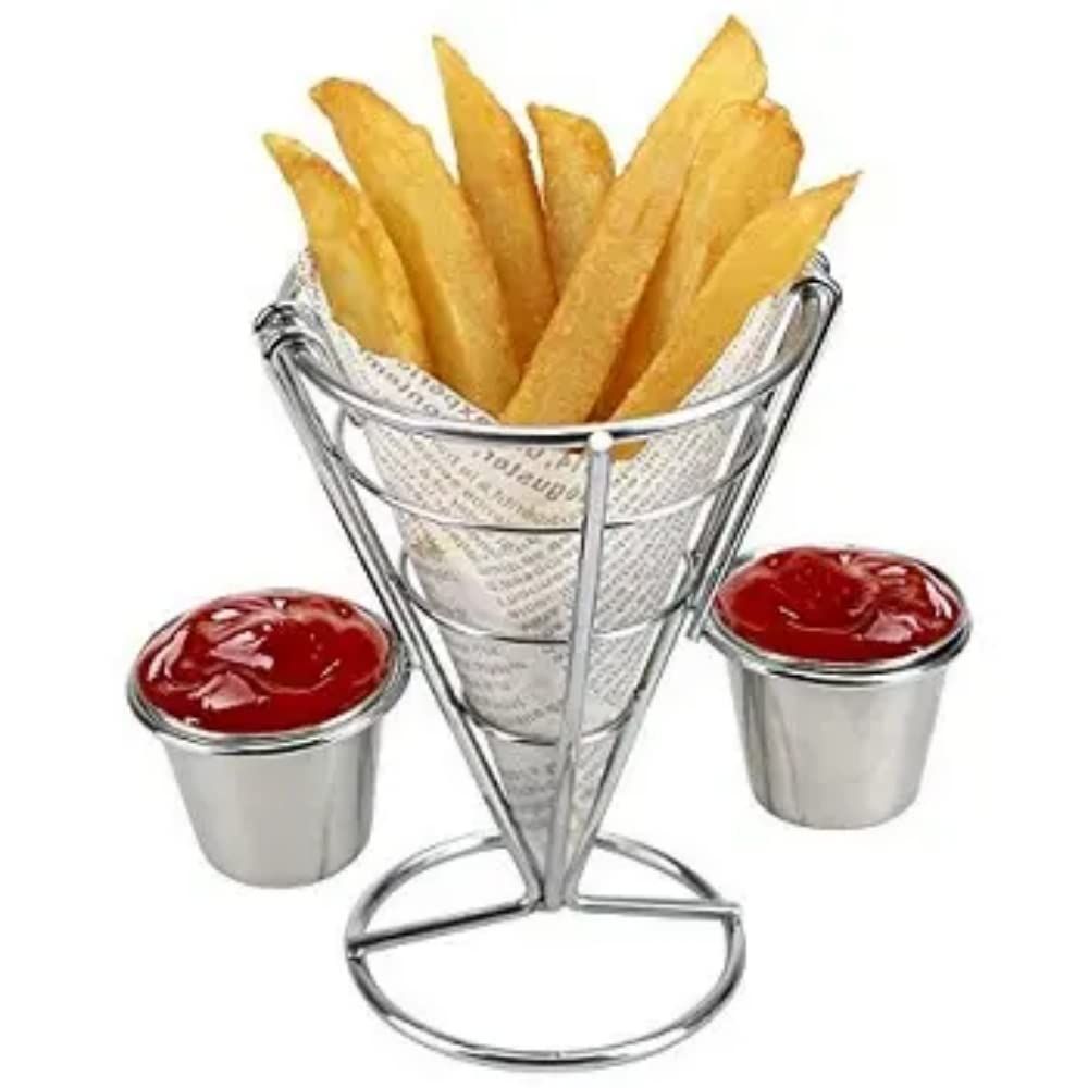 potato chip cone-shaped metal wire basket with dipping sauce snack appetizer rack, suitable for kitchen and family gatherings