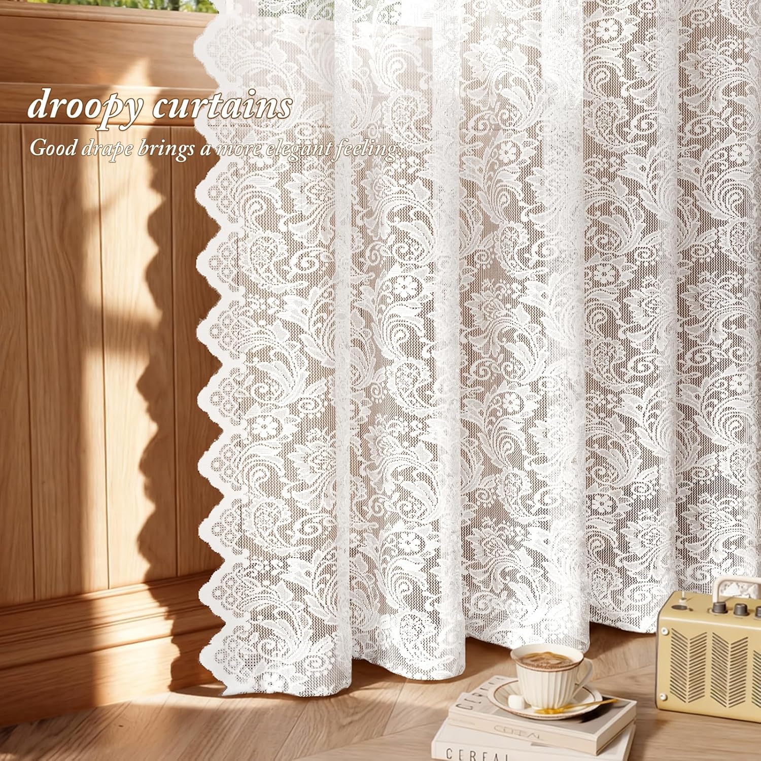 Vintage Lace Sheer Curtains 63" 2 Panels White, Elegant Floral Soft Fabric, Scalloped Edge, Easy Install Rod Pocket Drapes for Bedroom Living Room & French — image 4