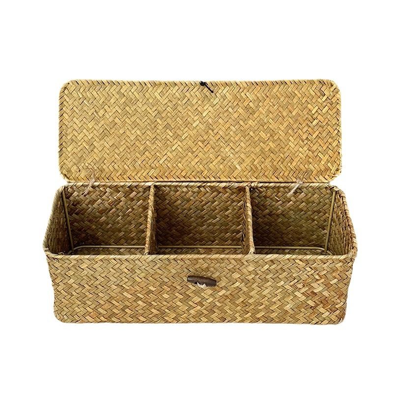 Covered compartment storage basket, 3-compartment handmade woven storage basket, household storage box, cosmetics, clothes