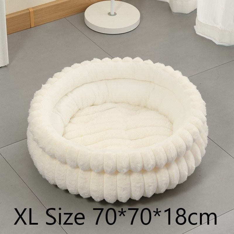Faux Rabbit Fur Round Pet Bed With Removable Liner, Warm Plush All Season Dog Cat Nest, Cream White, Size XL, 27.56x27.56x7.09in, Premium Bed For
