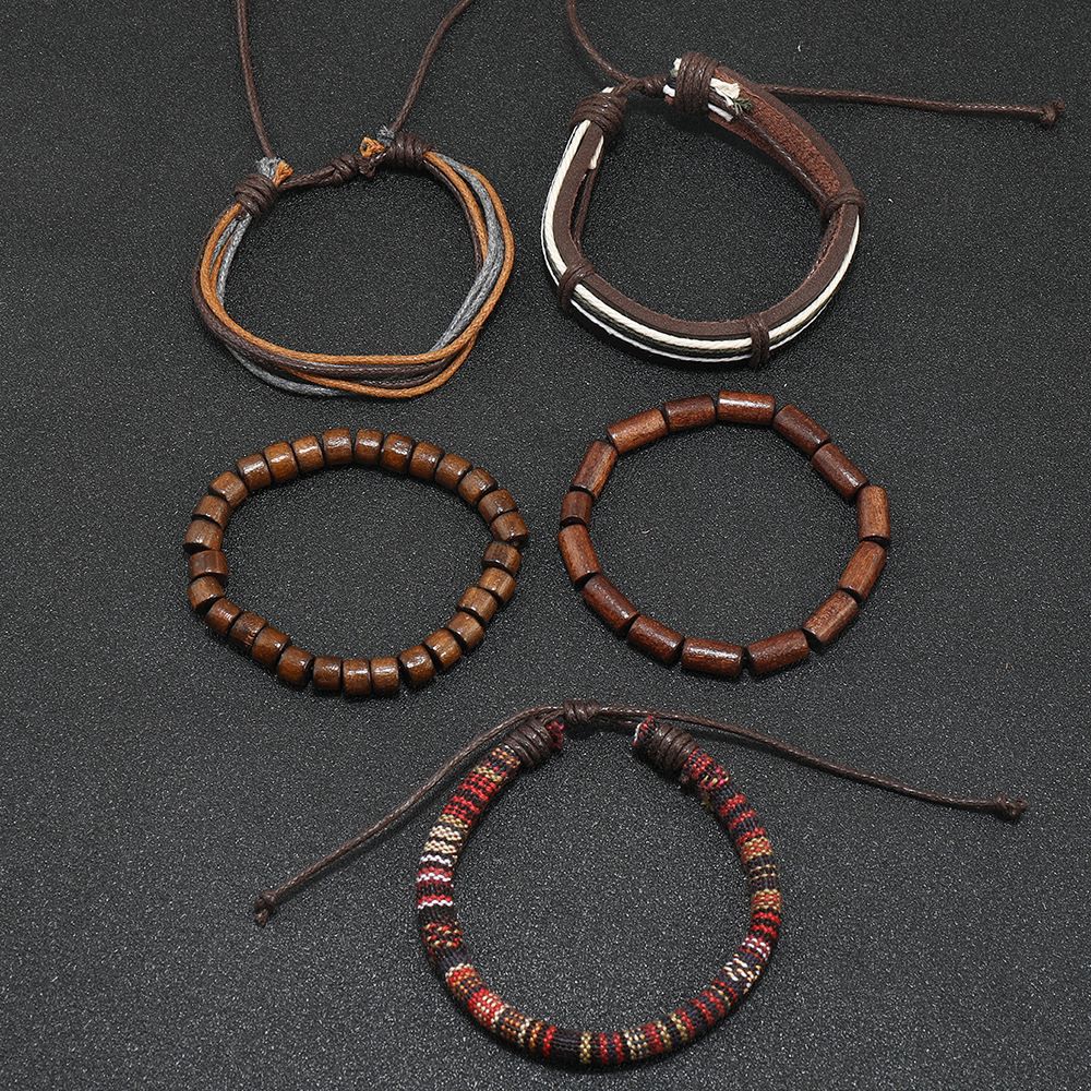 5PCS Men Women, Hemp Cords Wood Beads Ethnic Tribal Bracelets, Leather Wristbands-Wood Beaded Ethnic Tribal Cord Bracelet Hemp — image 2