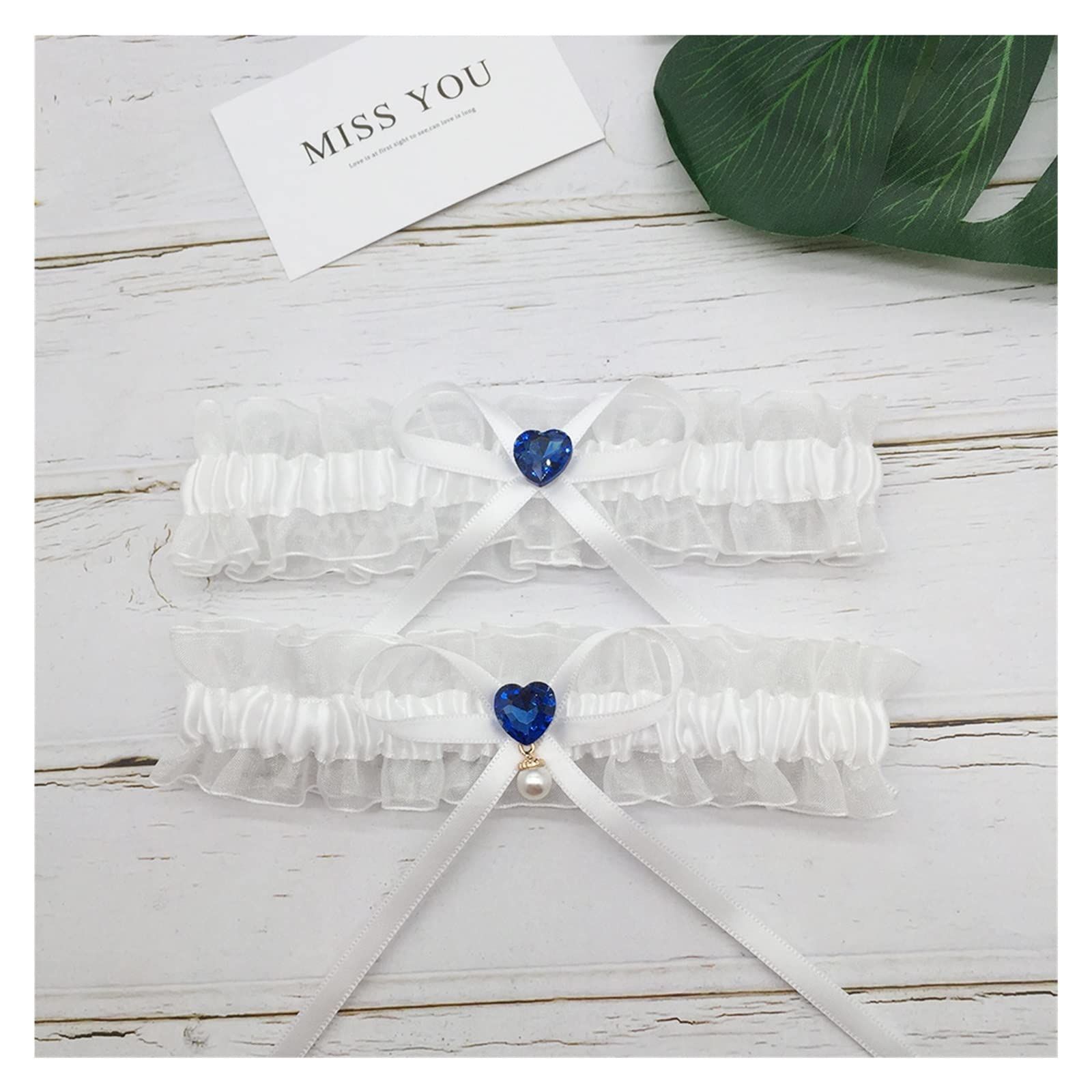 Wedding Bridal Garter for Bride Heart Rhinestones Satin Bow with Pearl Prom Garter Set (2 pieces)Tulle, Ribbon โ image 5