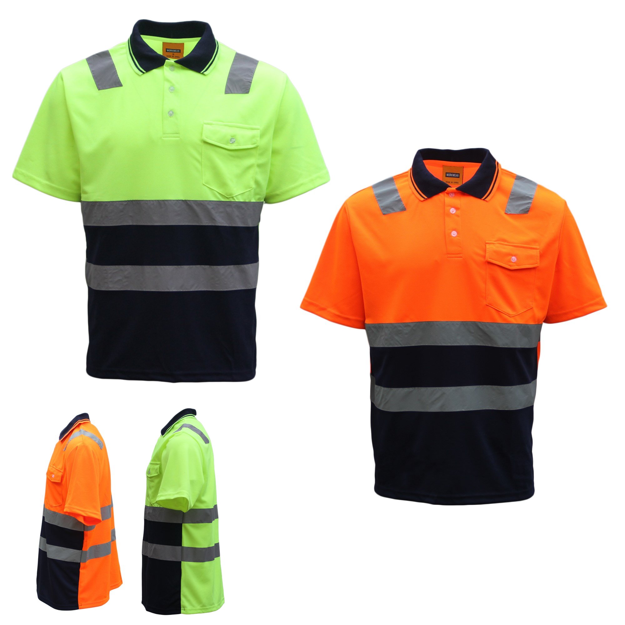 HI VIS Short Sleeve Workwear Shirt w Reflective Tape Cool Dry Safety Polo 2 Tone, Fluoro Yellow / Navy, M โ image 2