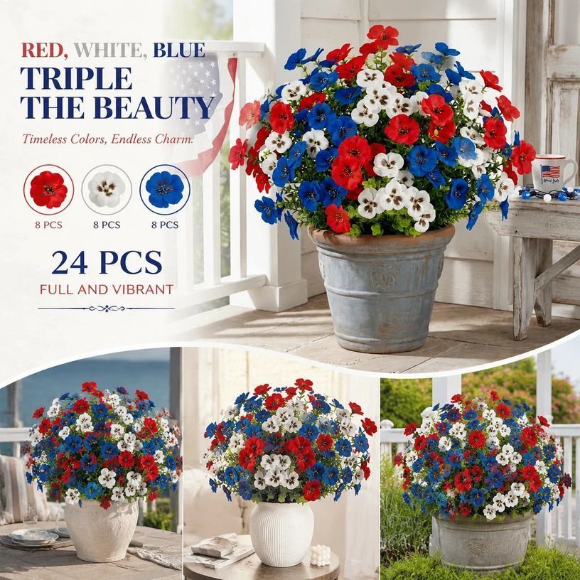 White Red Blue Mixed Artificial Eucalyptus Pansy Floral Stems Landscape 24 Pack
