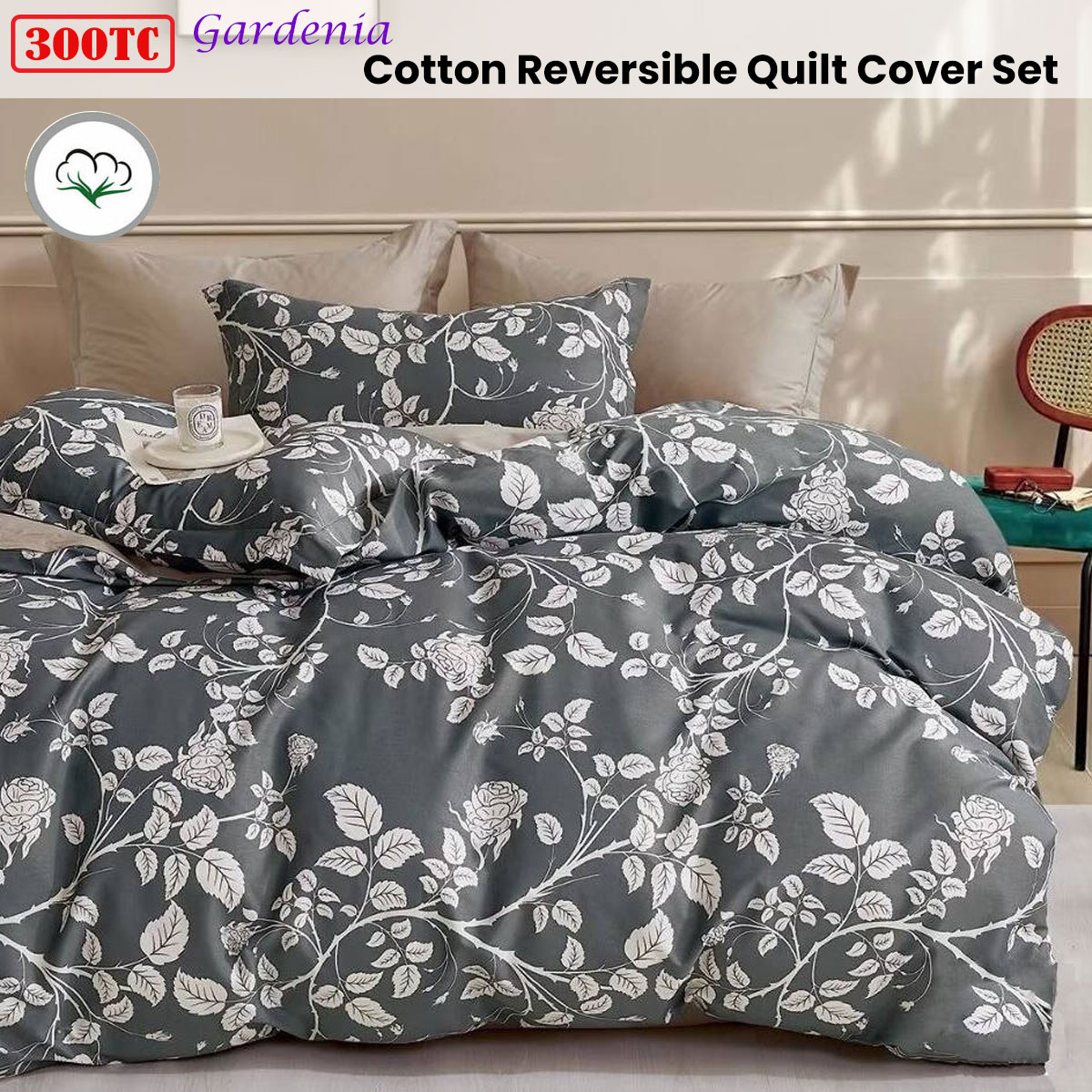 300TC Gardenia Charcoal Reversible Cotton Quilt Cover Set King โ image 2