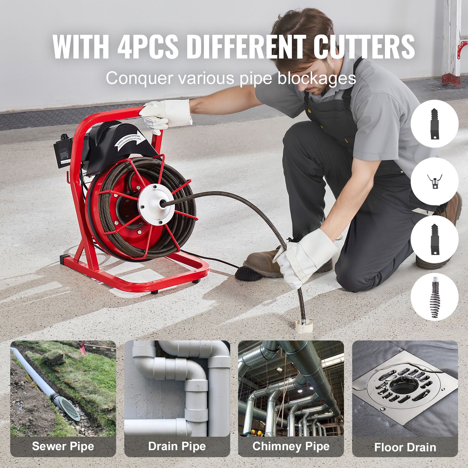 Drain Cleaner Machine Drain Auger 50FT x 1/2 Inch Manual Feed & 4 Cutters โ image 5