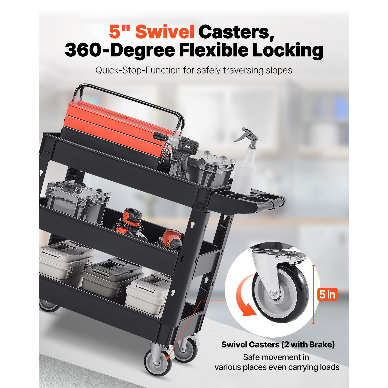 Utility Service Cart, 550 LBS Laod Capacity, 3 Shelf Heavy Duty Plastic Rolling Utility Cart with 360° Swivel Wheels (2 with Brakes), Ergonomic Storage Handle — image 3