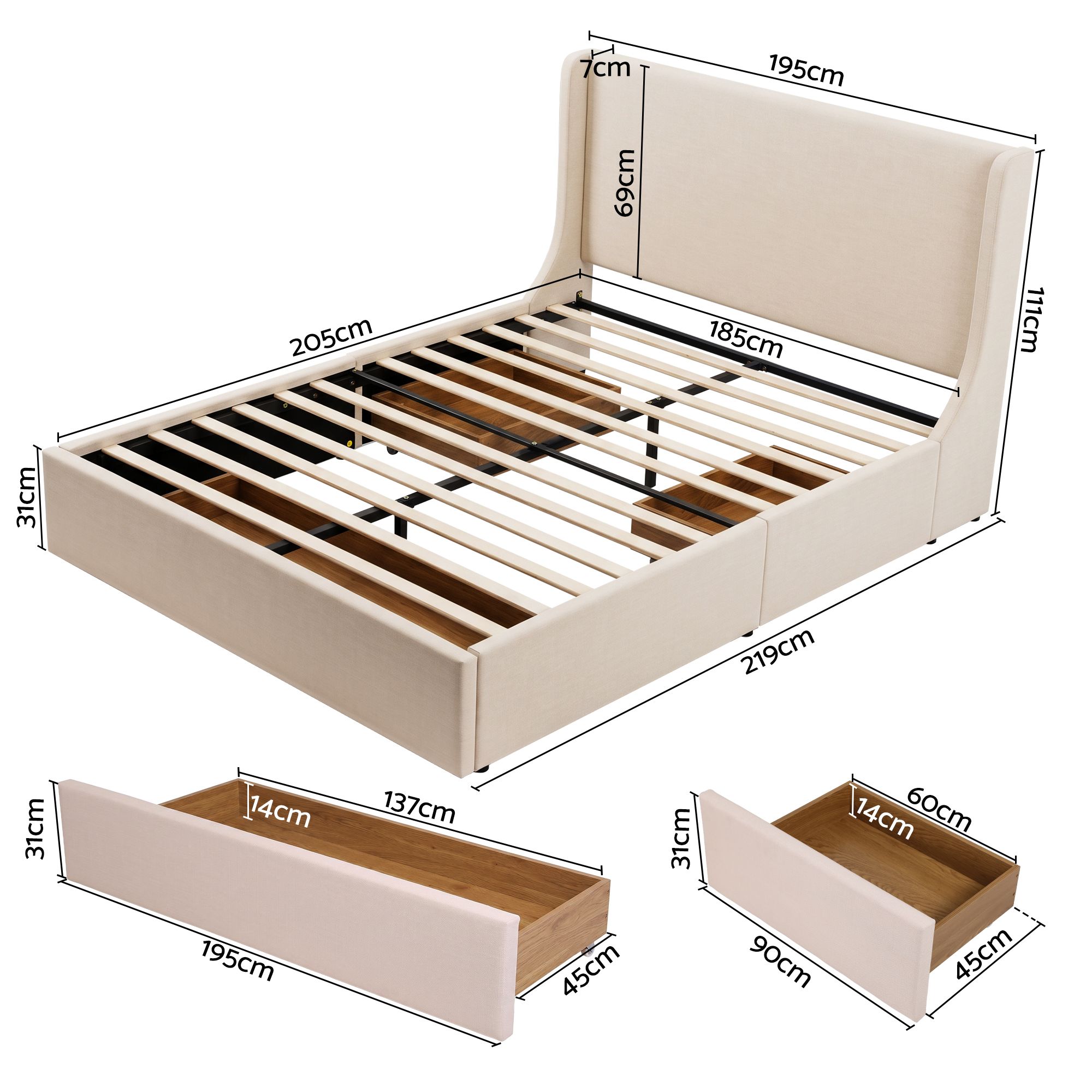 Artiss King Upholstered Bed Frame with 3 Storage Drawers Wingback Headboard Heavy Duty Metal Platform Base โ image 3