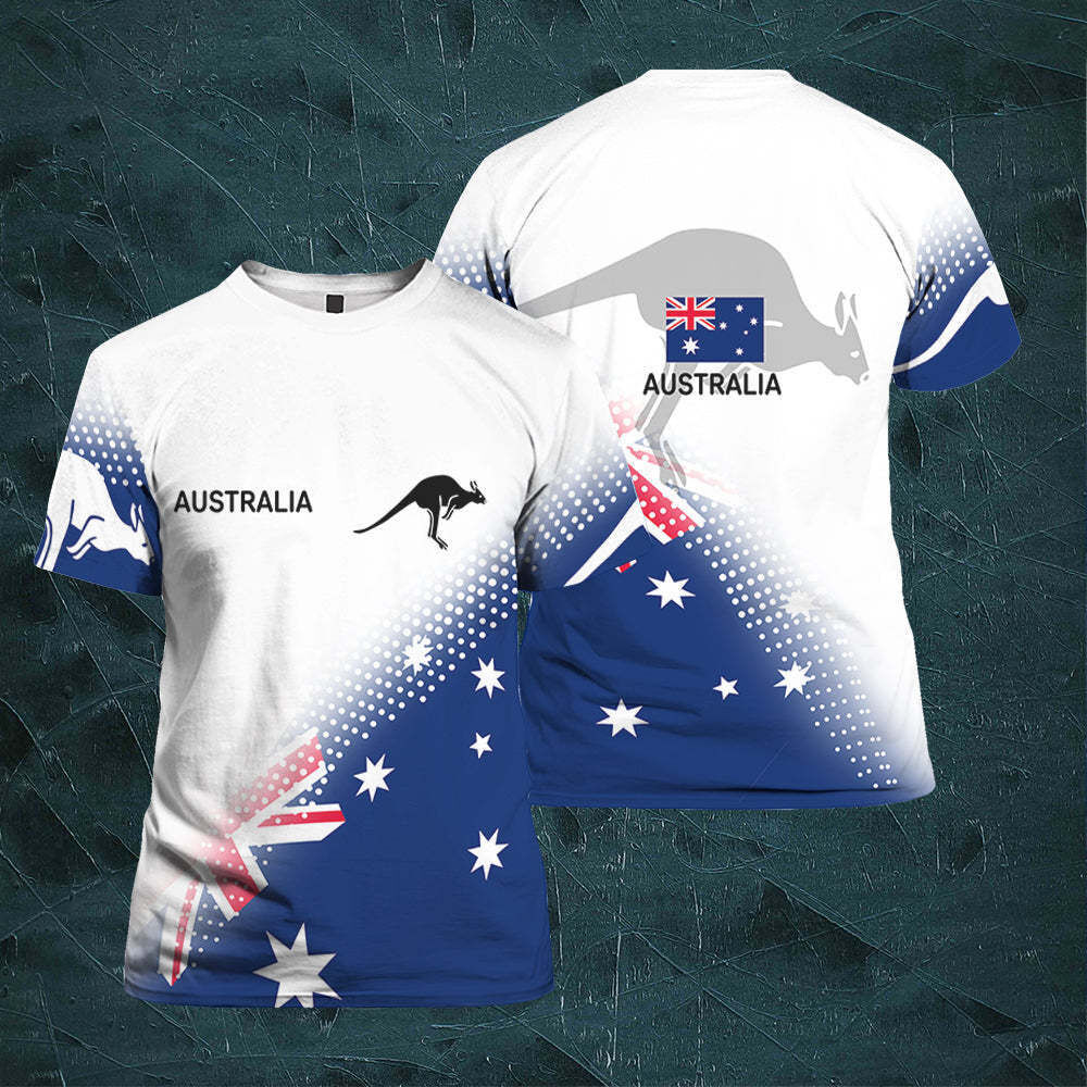 Australian Flag Kangaroo Print Unisex O-Neck Short Sleeve T-Shirt Summer Breathable Cotton Blend Streetwear Top(3XL)| Other styles Available in Store