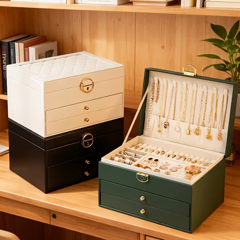 Dark green Multi - layer Jewelry Storage Box: Velvet Lining, Three - layer Zoning, Double - drawer Storage for Accessories — image 3