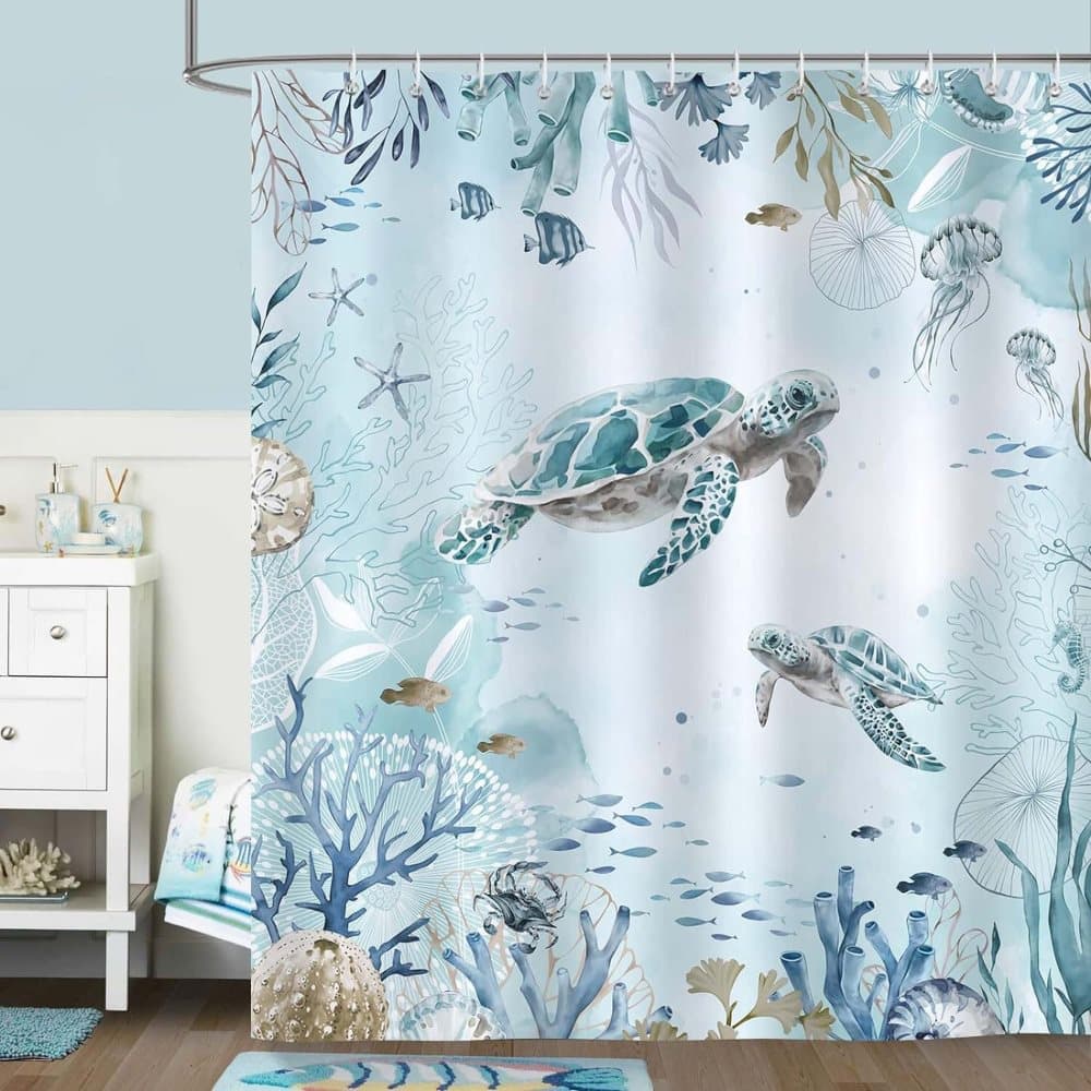 Waterproof Polyester Shower Curtain with Sea Turtle and Dolphin Motif, Mildew Resistant, Light Blue, 180x200 cm โ image 5