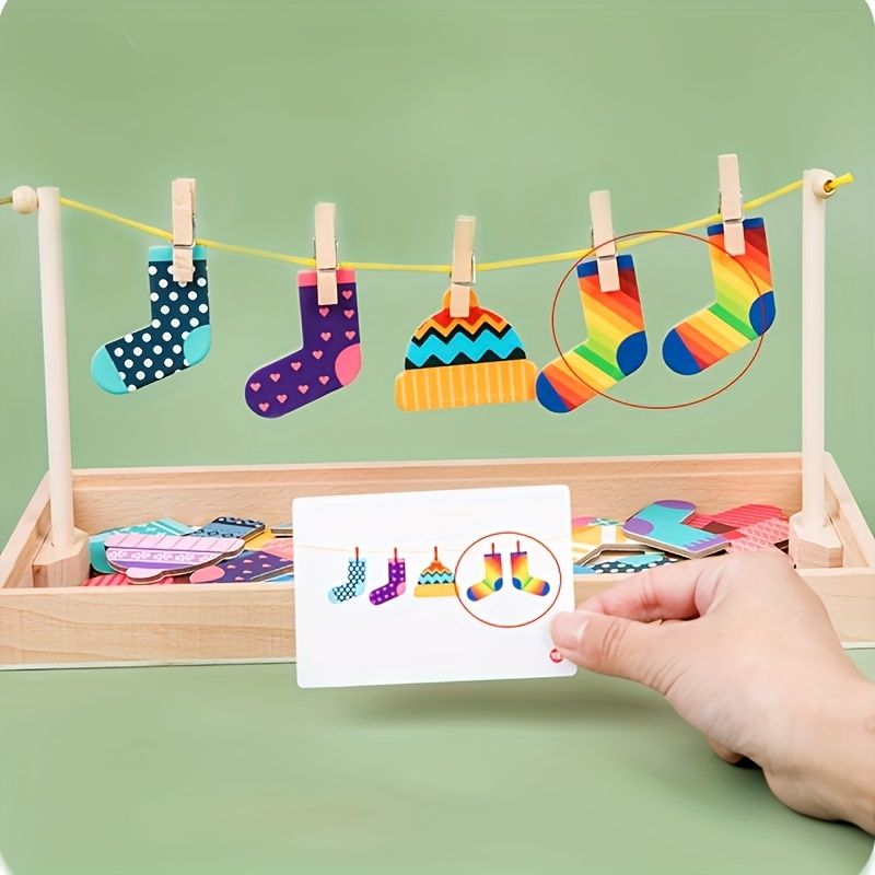 Colorful Life Skill Matching Game - 16 Pairs Socks, 20 Clips & A rope | Practical Life Skills Activity | Fine Motor, Organization 16 Pairs Socks+20 — image 2