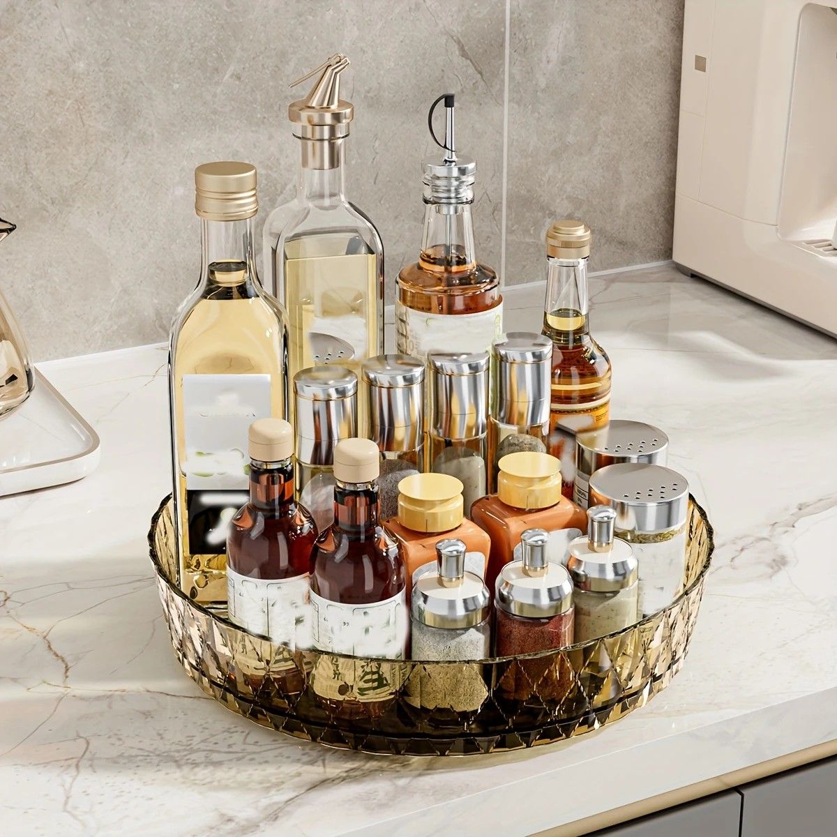 2PCS Acrylic Lazy Susan Organizer with Diamond Design | 360° Rotating Makeup & Vanity Tray | Modern Kitchen & Bathroom Storage(Transparent yellowish brown) — image 4