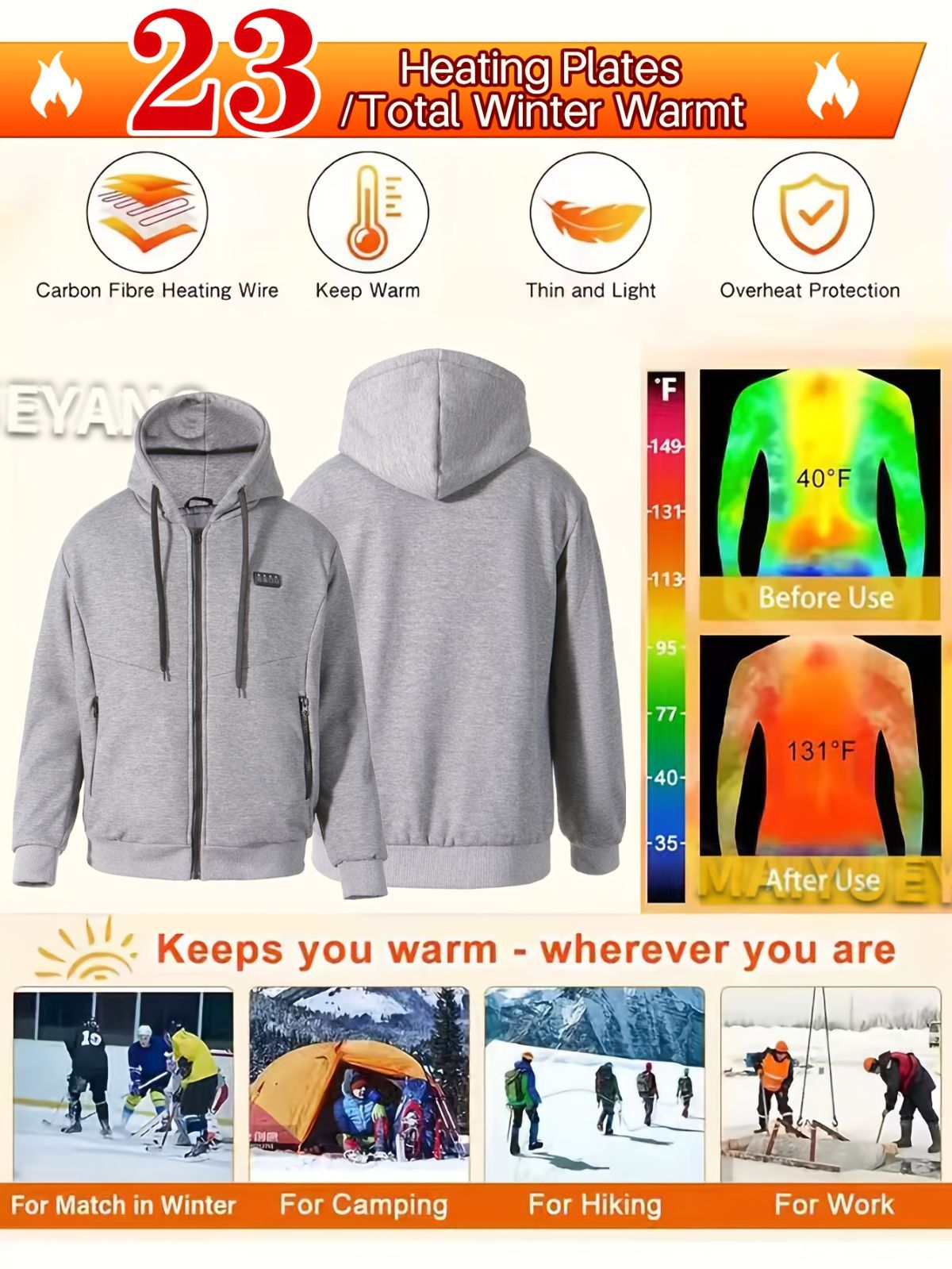 Heated Hoodie Electric Heating Hoodie Smart Heated Sweatshirt 23 Zone Heating - Gray - Size 4XL(AU 4XL/EU58) β image 6