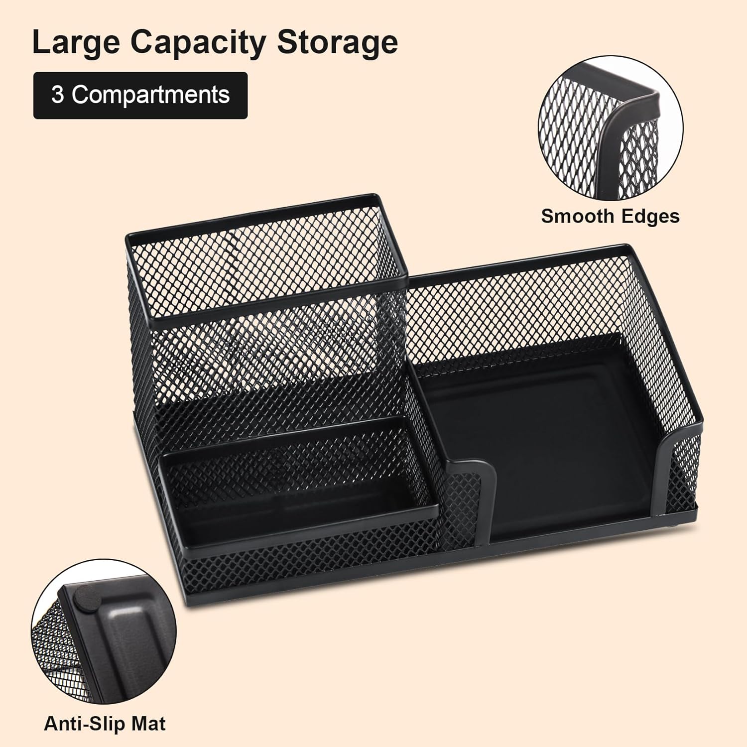Black 3 Compartment Metal Mesh Pen Holder Desk Organizer for Office and Home Work - 1 Piece — image 3