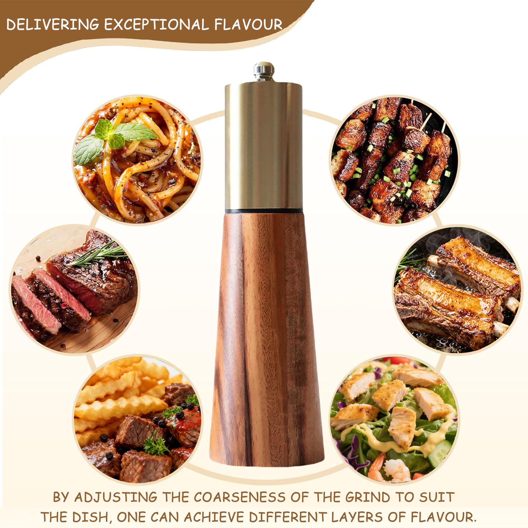 2pcs Salt and Pepper Grinder Set, Acacia Wooden Pepper Grinder with Adjustable Coarseness, Refillable Ceramic Blade Grind,Gold Pepper Mill for Kitchen โ image 4
