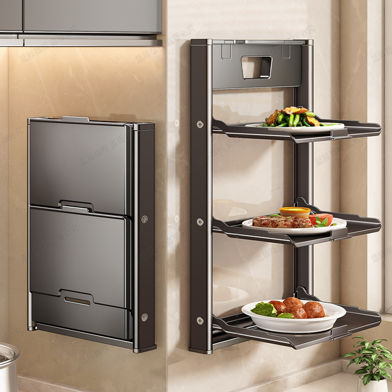 3-Tier Folding Kitchen Storage Rack for Plates, Snacks and Serving Dishes, Space-Saving Organiser for Benchtops, 3 Tiers, Dark Grey and Grey — image 4