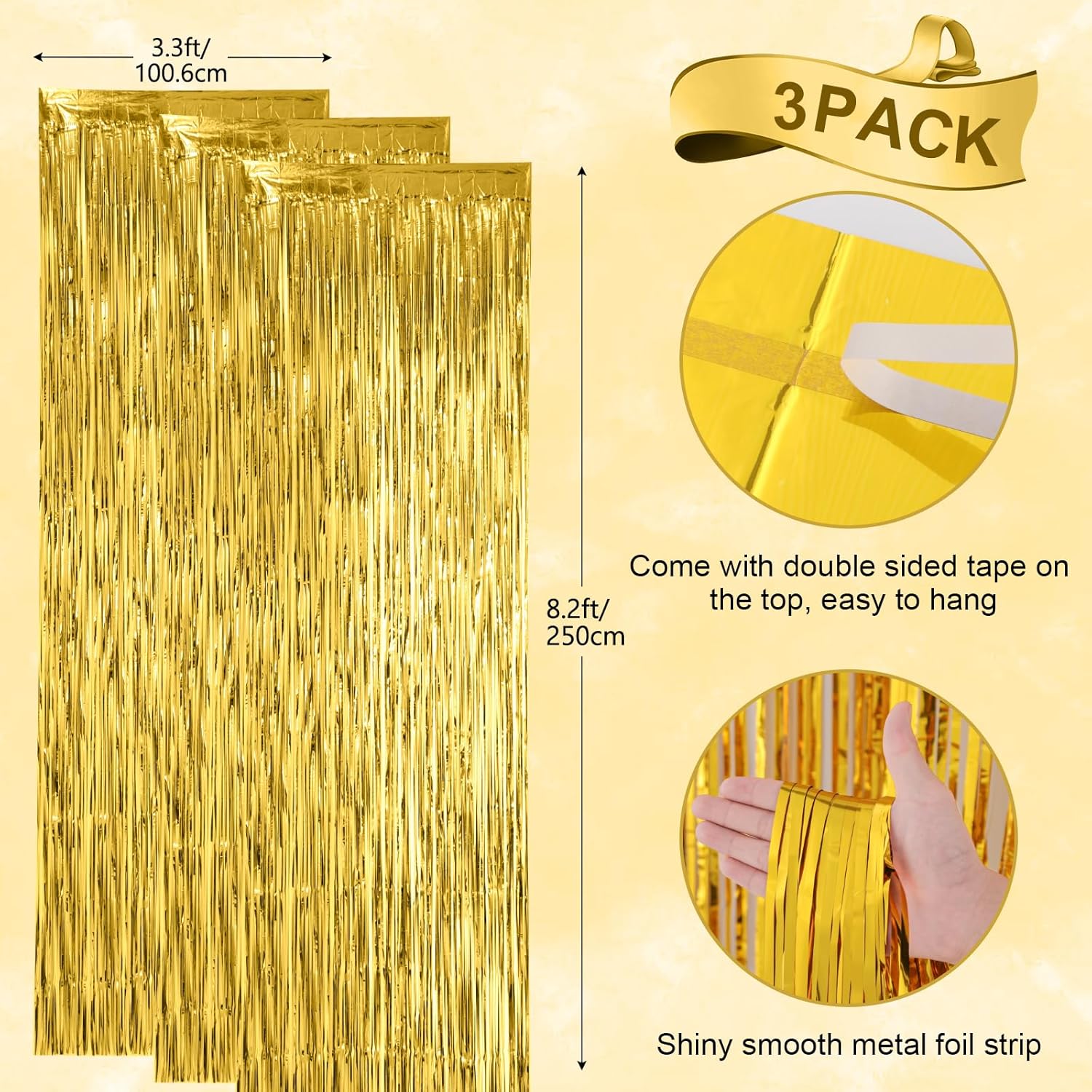 3 Pack 3.3x8.2 Feet Gold Foil Fringe Backdrop Curtains, Tinsel Streamers, for 2025 New Years Eve, Graduation, Birthday, Baby Shower, Gender Reveal, Disco Party — image 3