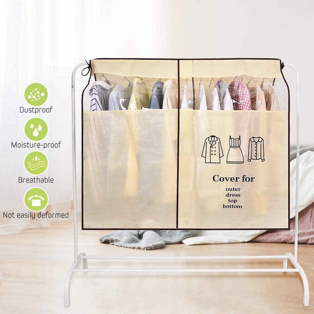 Dustproof Clothes Rack Cover Expandable Hanging Closet Cover Shoulder Dust Cover Clothes Protector for Coats Suits Dresses Beige — image 6