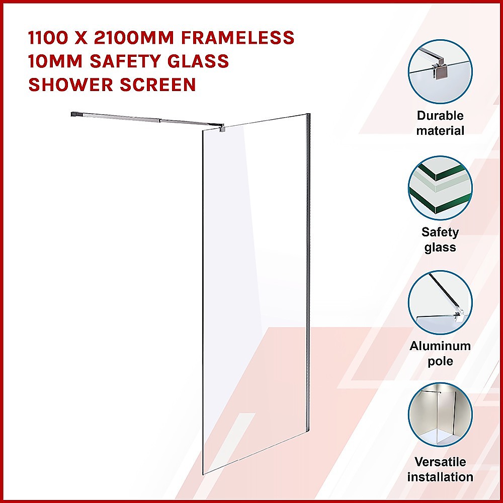 1100 x 2100mm Frameless 10mm Safety Glass Shower Screen โ image 3