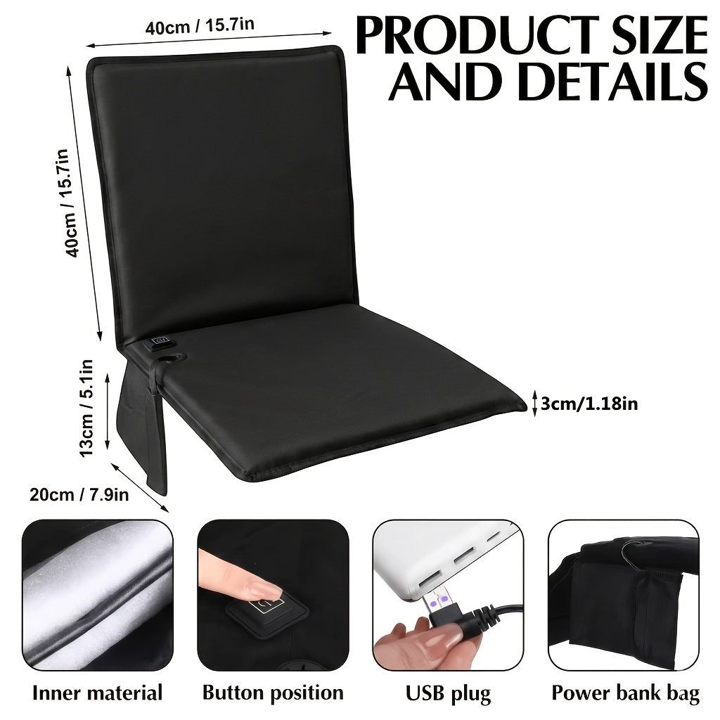 Portable Heated Seat Cushion Foldable Heating Pad 3-Mode Adjustable USB-Powered - Black - Size 45cm — image 3