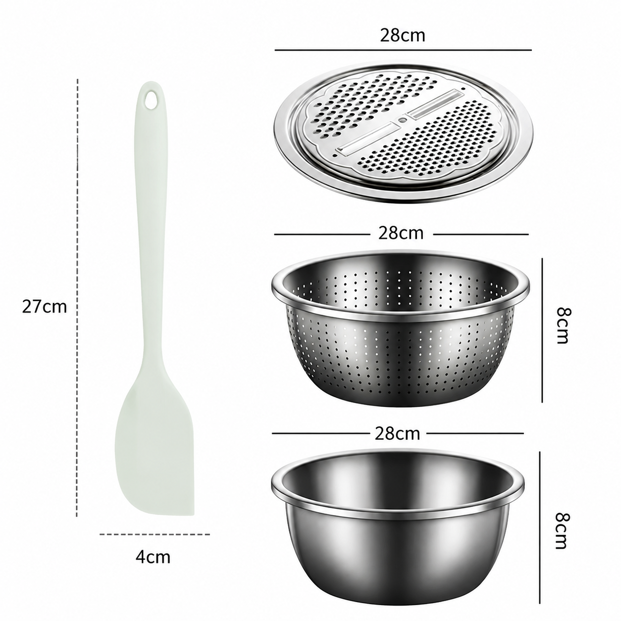 Home Salad Preparation Kit-Multifunctional Stainless Steel Vegetable Grater Bowl Set and Silicone Spatula - 28cm Kitchen Prep Tool for Slicing, Shredding
