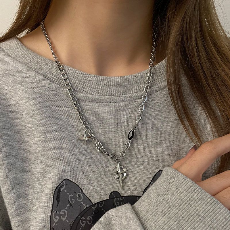 Silver Hip-hop style titanium steel black gemstone spliced star cross necklace, unisex trendy streetwear design collarbone chain — image 3