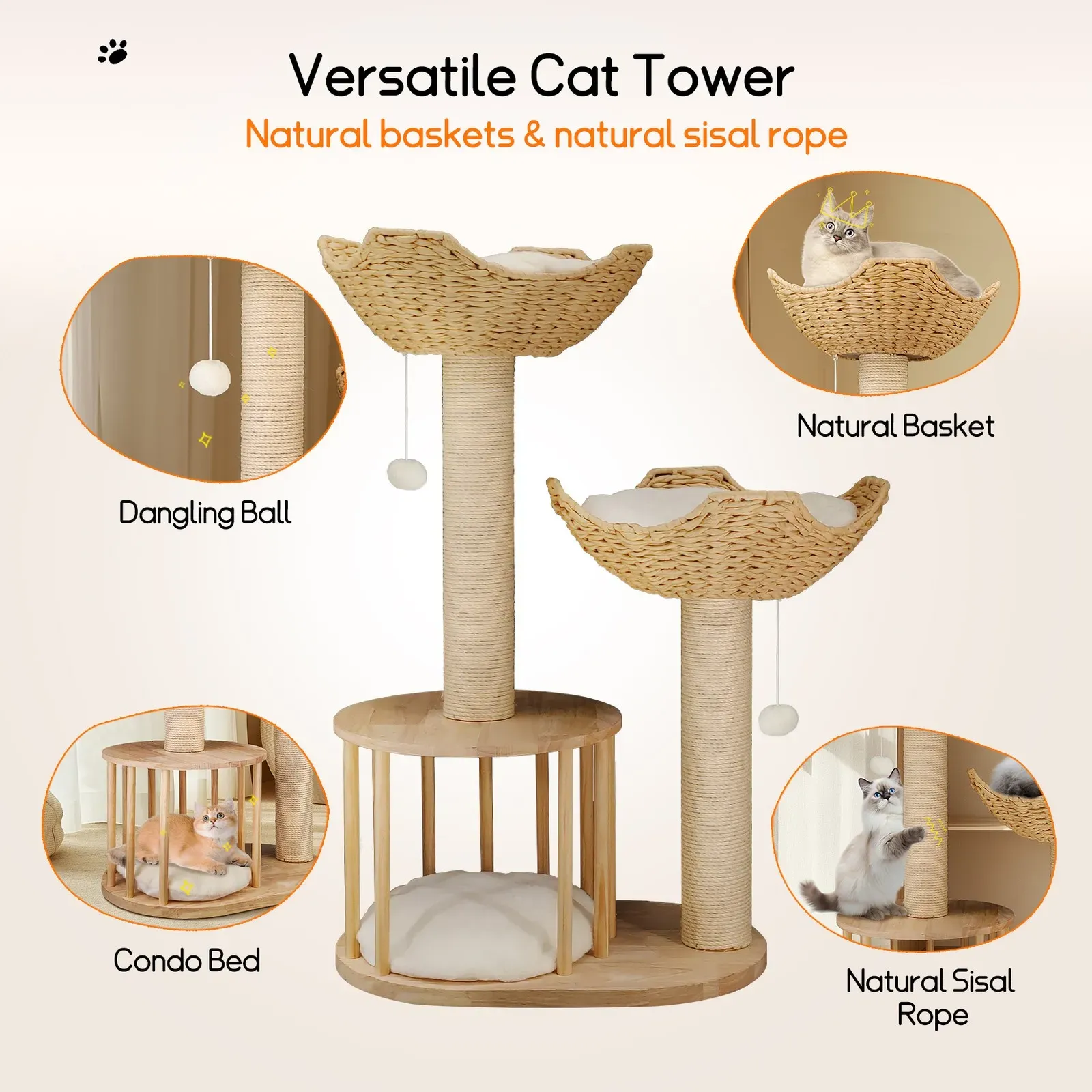 Large Cat Scratching Post Tree Tower with Baskets and Cubby Cave in Natural Wood & White, 60x40x99cm โ image 5