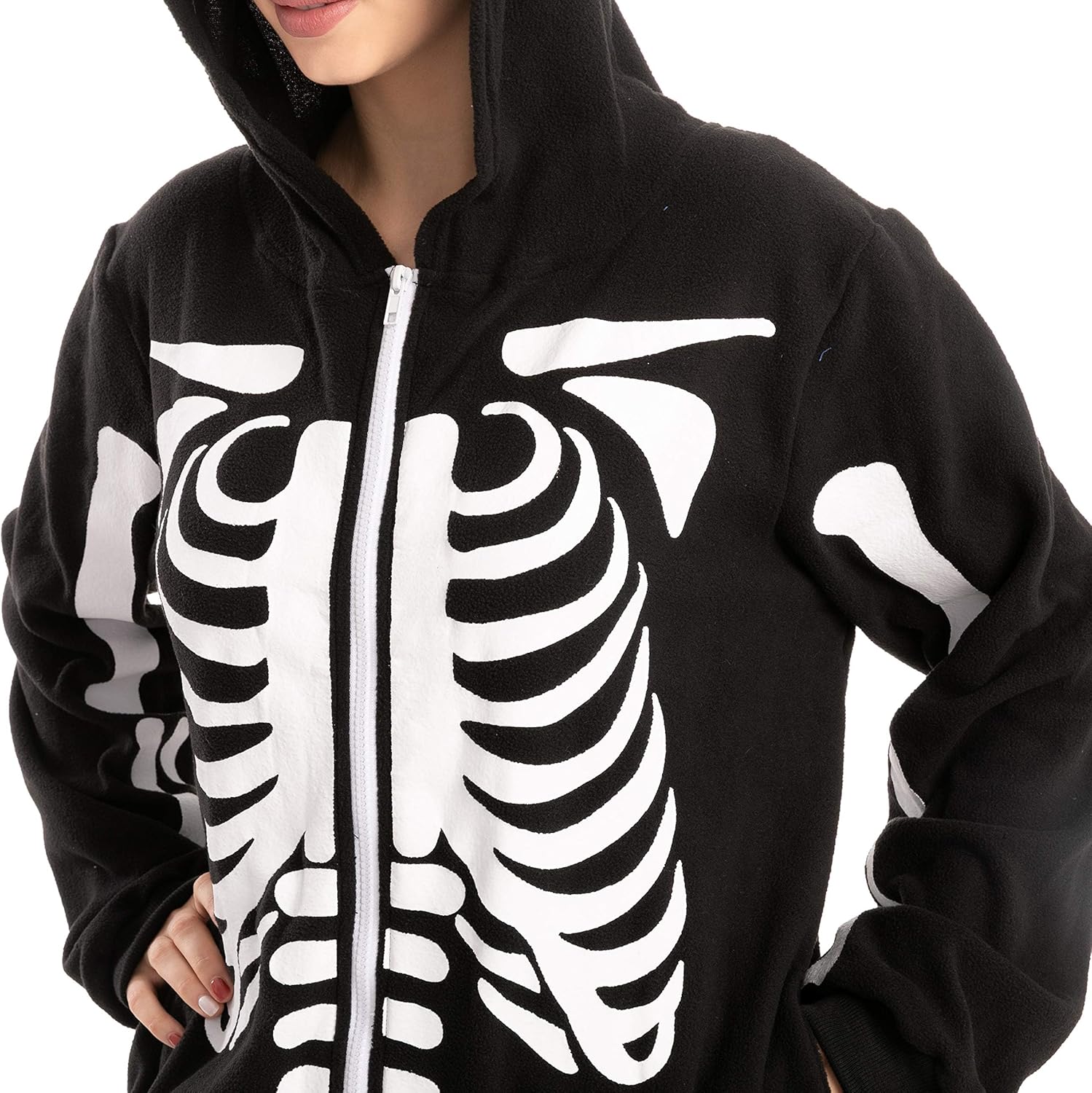 Unisex Skeleton Onesie Pajamas Plush Skeleton Jumpsuit Zipper Halloween Hoodie Pajamas for Adults Sleepwear Costume Black XL — image 5