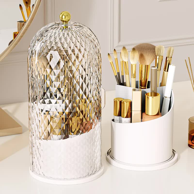 White Elegant 360 Rotating Makeup Brush Holder & Cosmetic Organizer with Dustproof Dome Lid(Makeup is a prop for shooting and is not included) — image 2