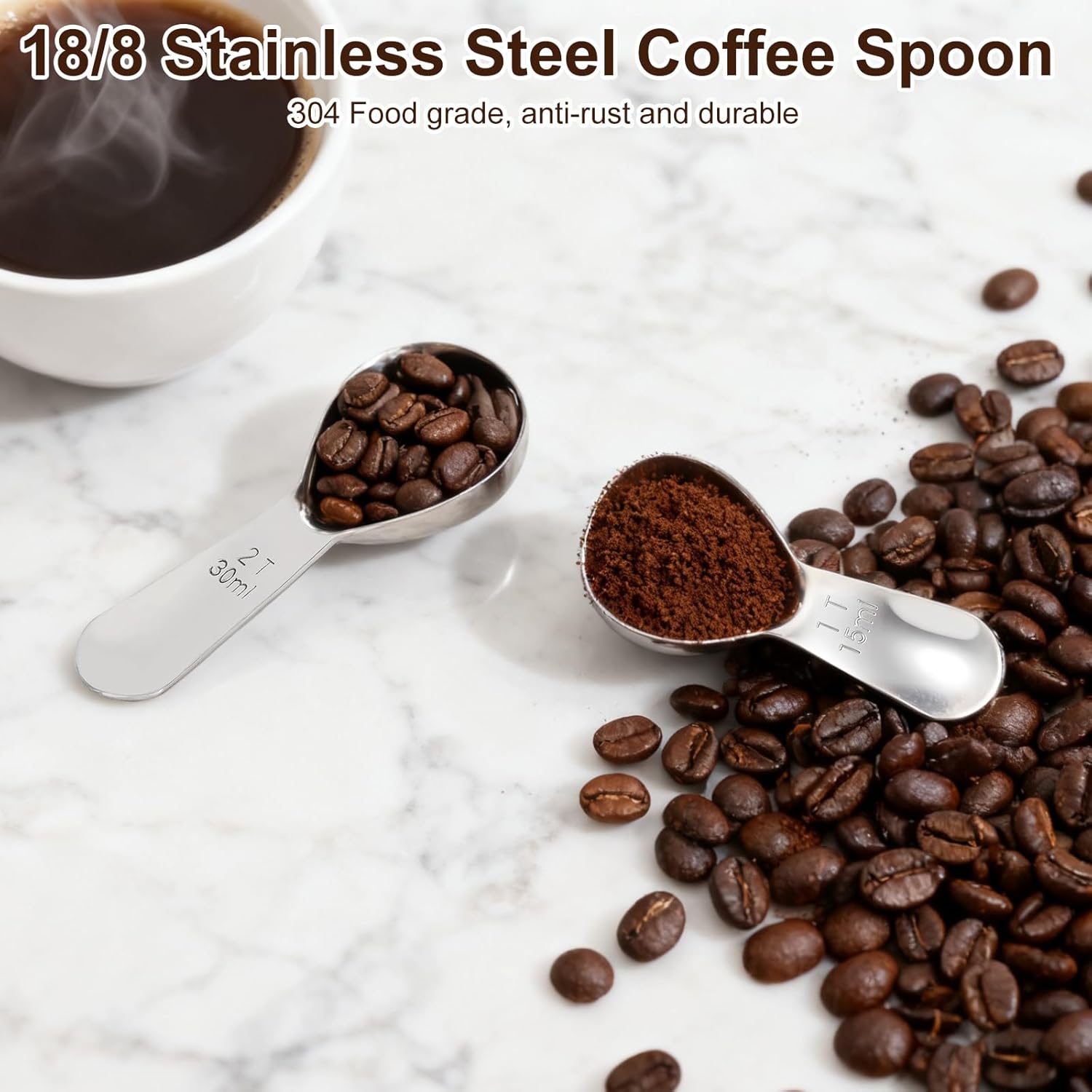 2Pcs Coffee Scoops, Premium 18/8 Stainless Steel Coffee Spoons, Set of 2 Short Handled (1 Tablespoon & 2 Tablespoon) Coffee Measuring Spoon for Ground Coffee — image 3