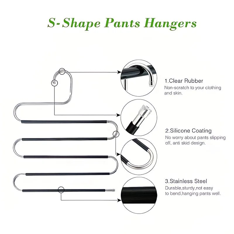3 Pack Multi-Layer Stainless Steel Metal Pants Hangers, Bedroom Storage, S-Shaped Anti-Slip No-Mark, Space Saving, Closet Storage Rack, Pants Jeans Scarves — image 6
