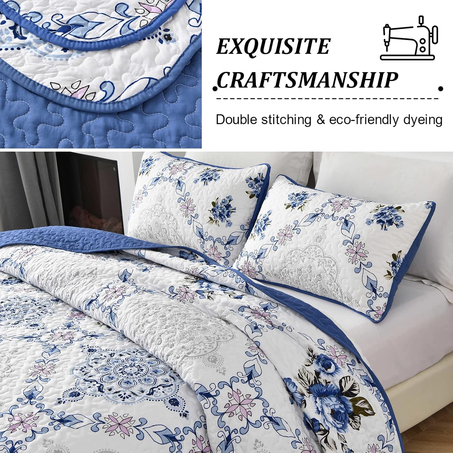 Rich white blue Elegant 3 Pc Bedspread & Pillow Cover Set โ image 5