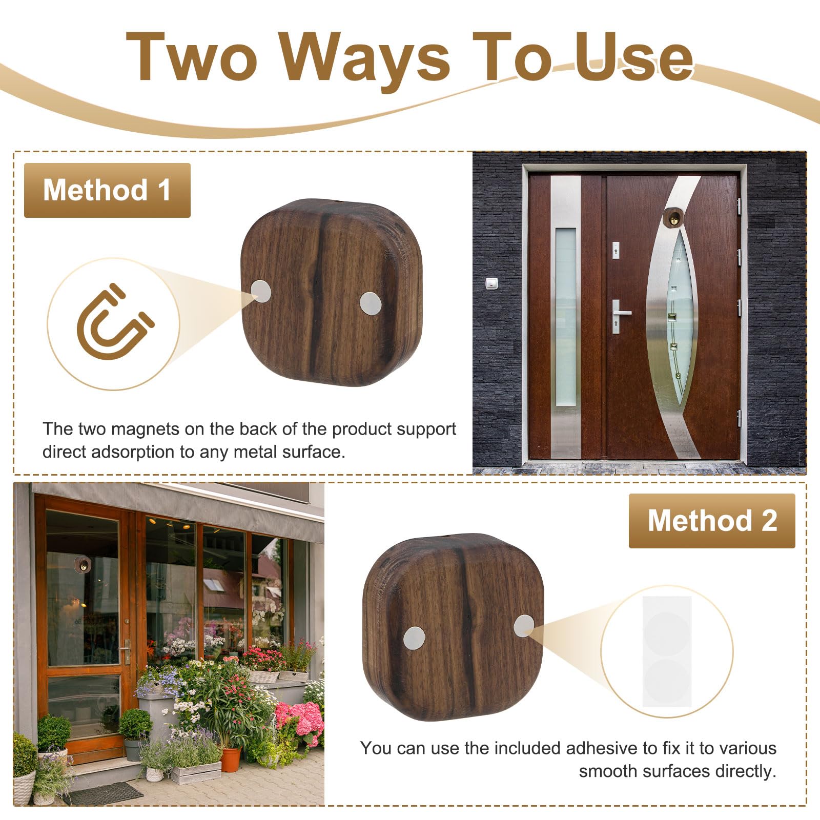 1 Piece Vintage Wooden Door Bell with Copper Chime and Magnetic Mount for Entryways and Bedrooms, Walnut Square Design — image 4