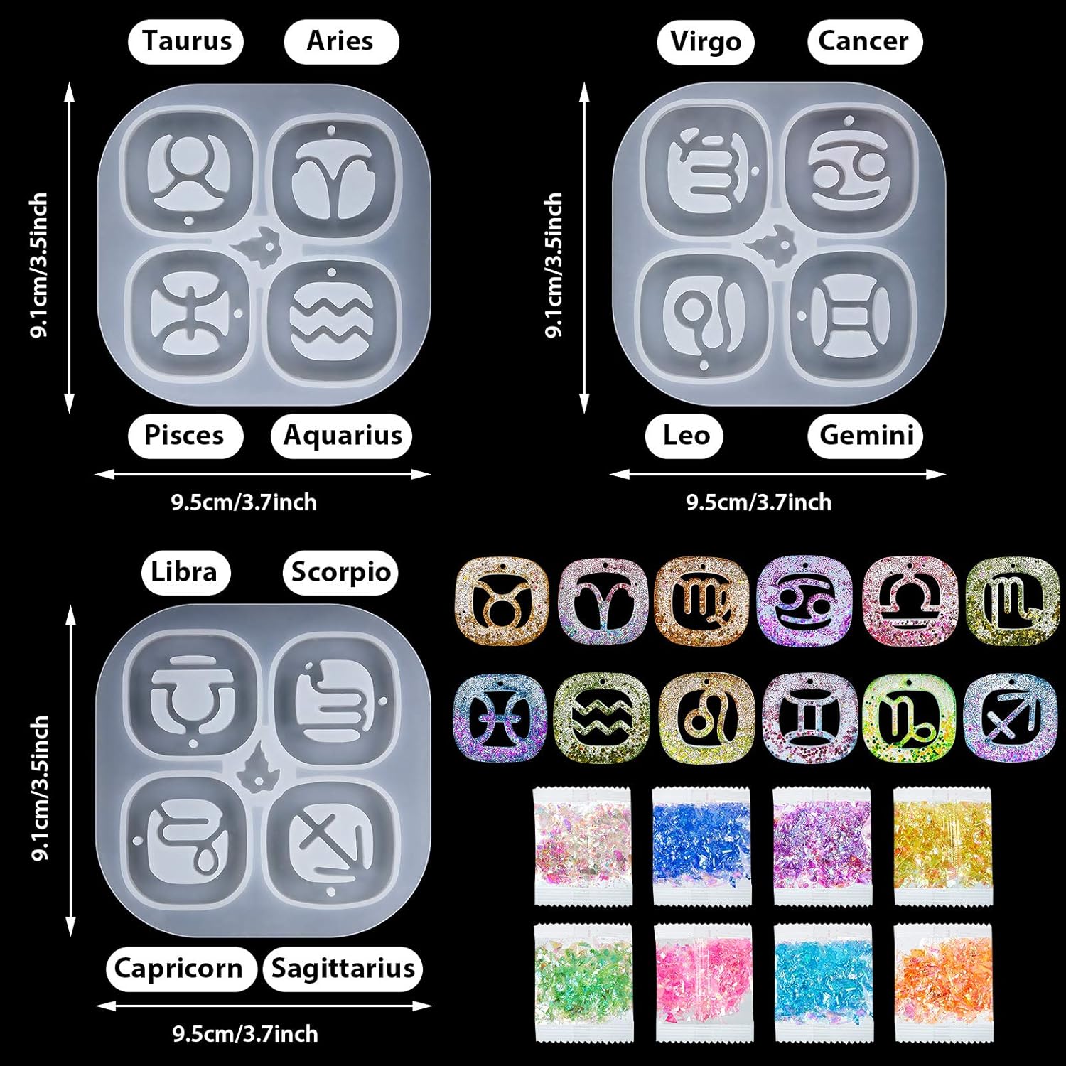 3 Pieces Zodiac Signs Keychain Resin Molds Silicone with Hole Constellation Sign Pendant Silicone Epoxy UV Resin Mold for DIY Keychain Pendant Jewelry Making — image 2
