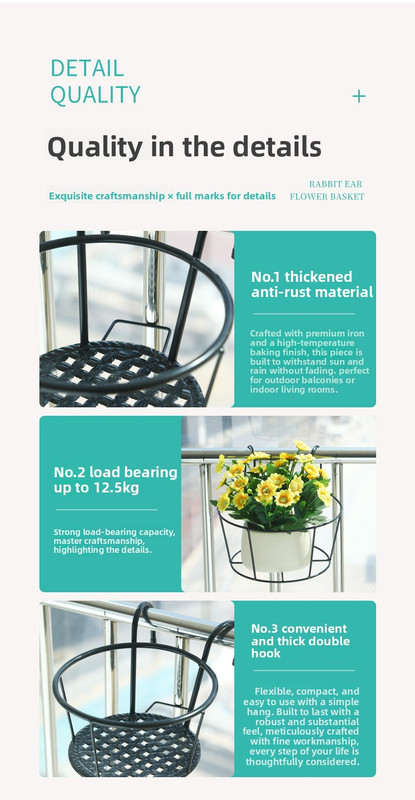 Hanging Flower Pot Holder Metal Balcony Railing Planter Basket Round Iron Rack with Mesh Bottom Fits up to 6cm Rail for Fence & Patio Black — image 6