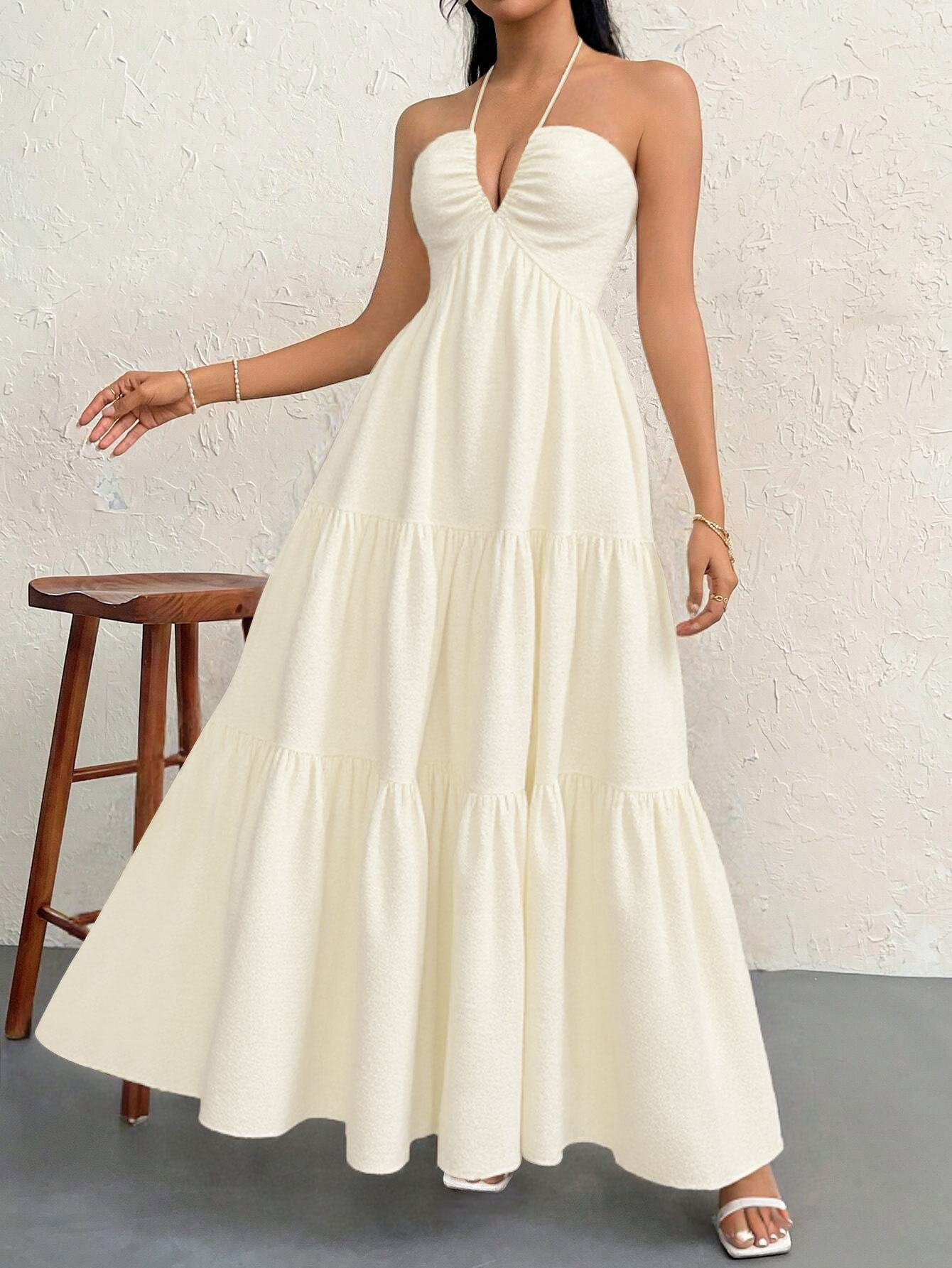 Apricot XL Size Women's Elegant Halter Maxi Dress Summer Backless V-Neck Sleeveless Long Beach Resort Gown โ image 4