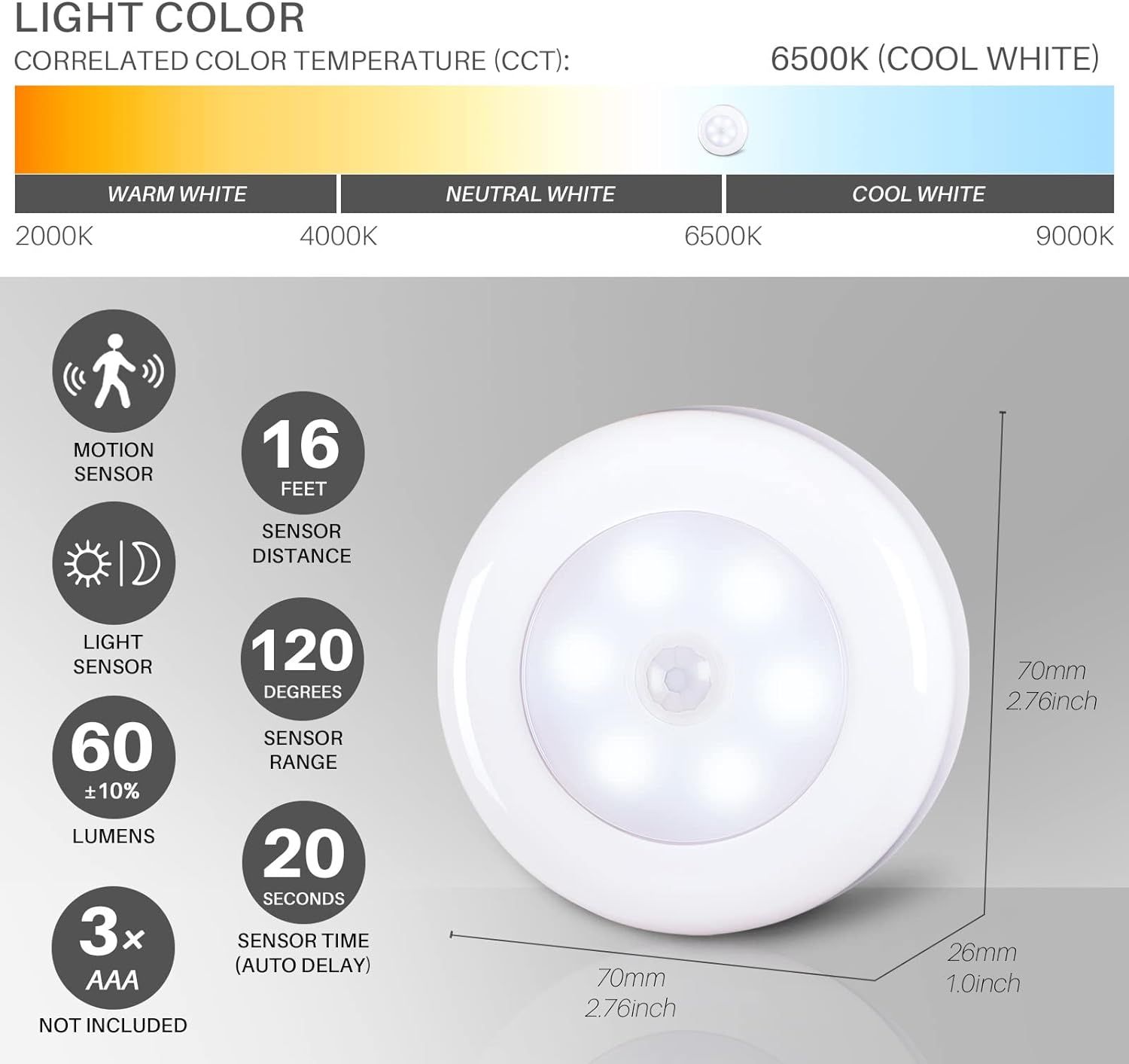 6 Pack 2.8” Motion Sensor Lights Indoor AAA Battery Operated, Stick on LED Puck Light for Stairs, Closet, Cool White — image 3