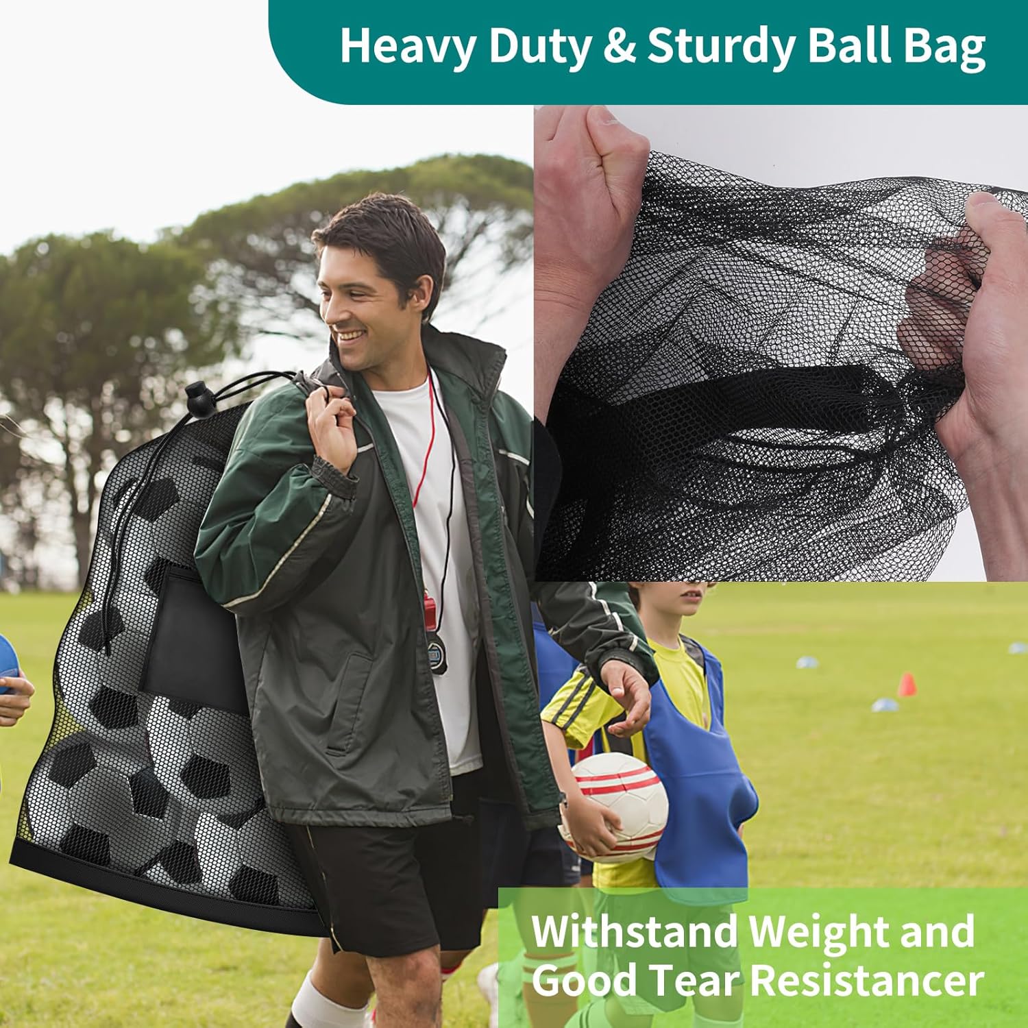 Football bag - Extra large - 40" x 30" - Drawstring - Mesh - Ball bag - With pockets - Mesh sports bag - Basketball, volleyball, fitness equipment, swimwear — image 3