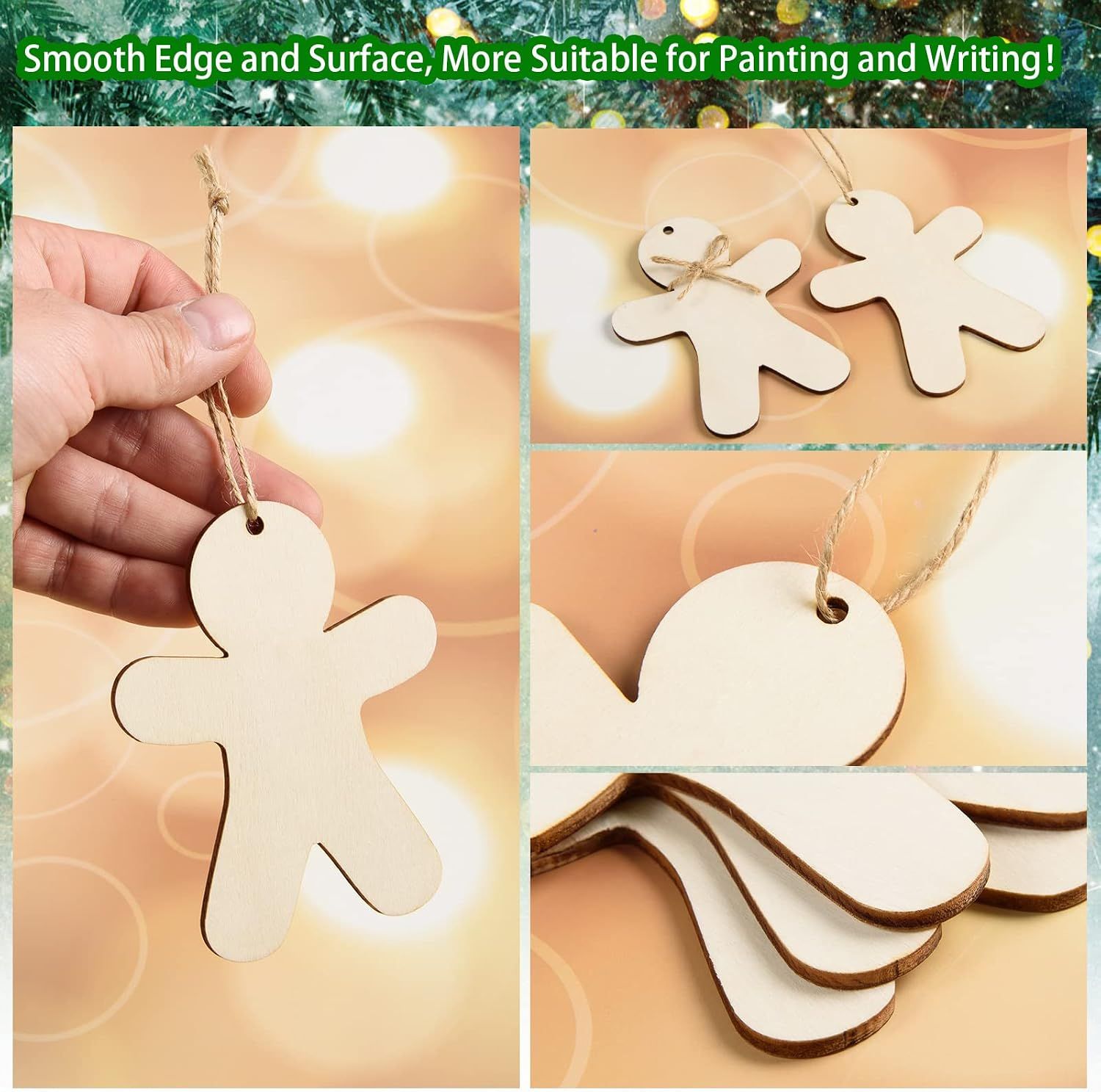 72 Pcs Wooden Gingerbread Man Ornaments Crafts Unfinished Christmas Wood Tags with Ropes Natural Blank Wooden Gingerbread Man Shapes Cutouts for DIY Crafts — image 3