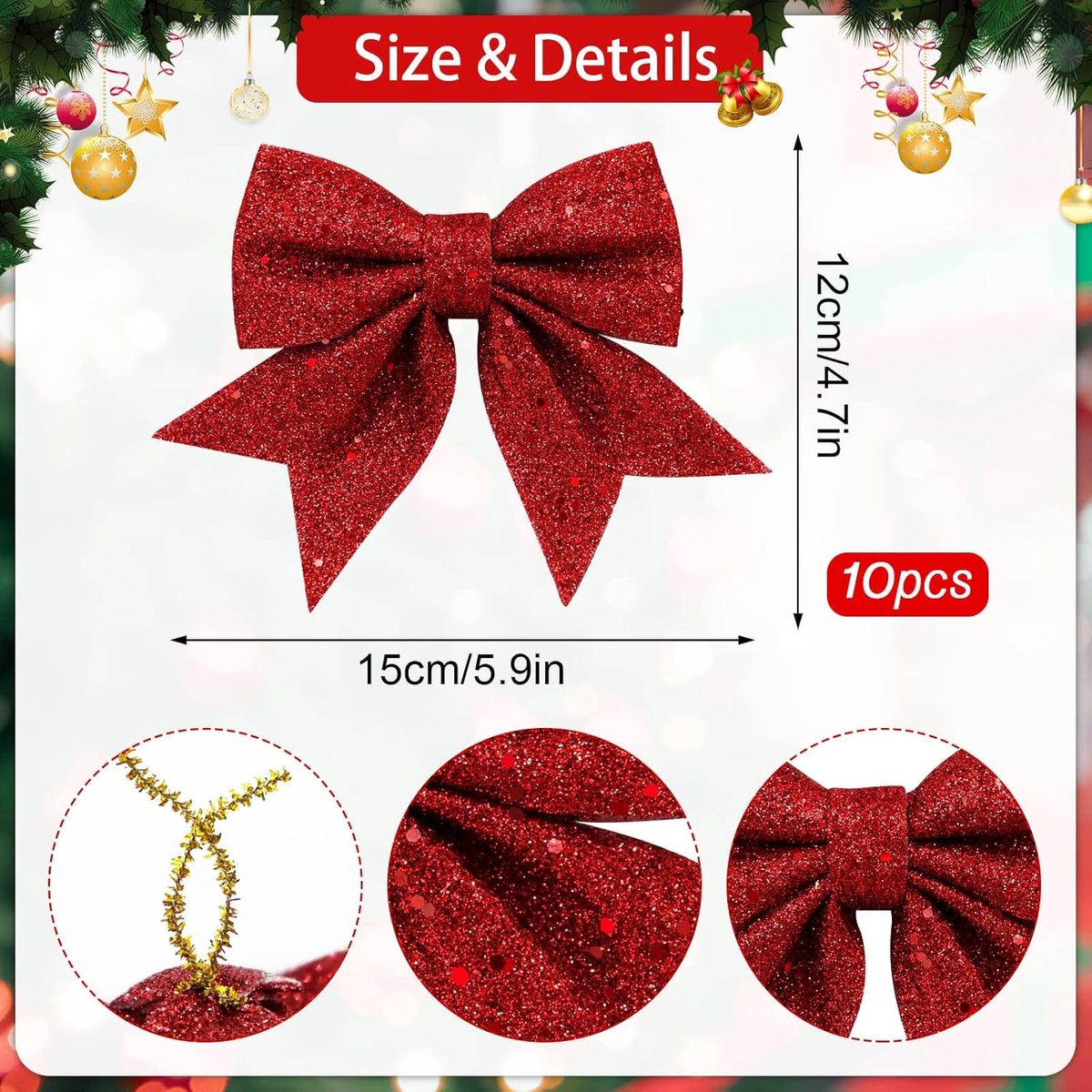 10 Pieces Red Christmas Bows - 12 x 15 cm - Glitter - Christmas Decoration Bows - Christmas Ornaments - Christmas Tree Decoration - Christmas Bows - Christmas — image 2