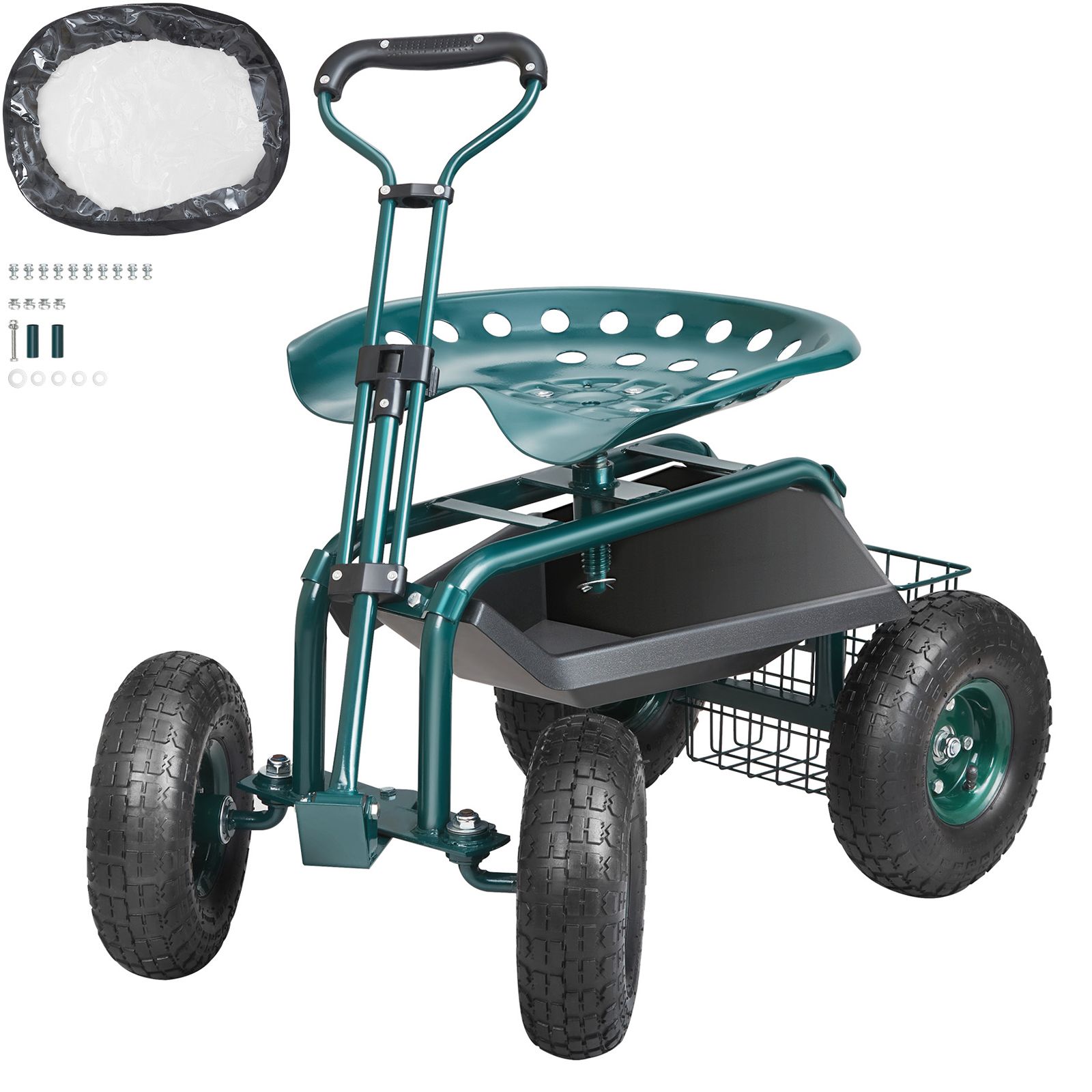 Garden Cart Rolling Workseat with Wheels, Gardening Stool for Planting, 360 Degree Swivel Seat, Wagon Scooter with Steering Handle & Utility Tool Tray, Use for