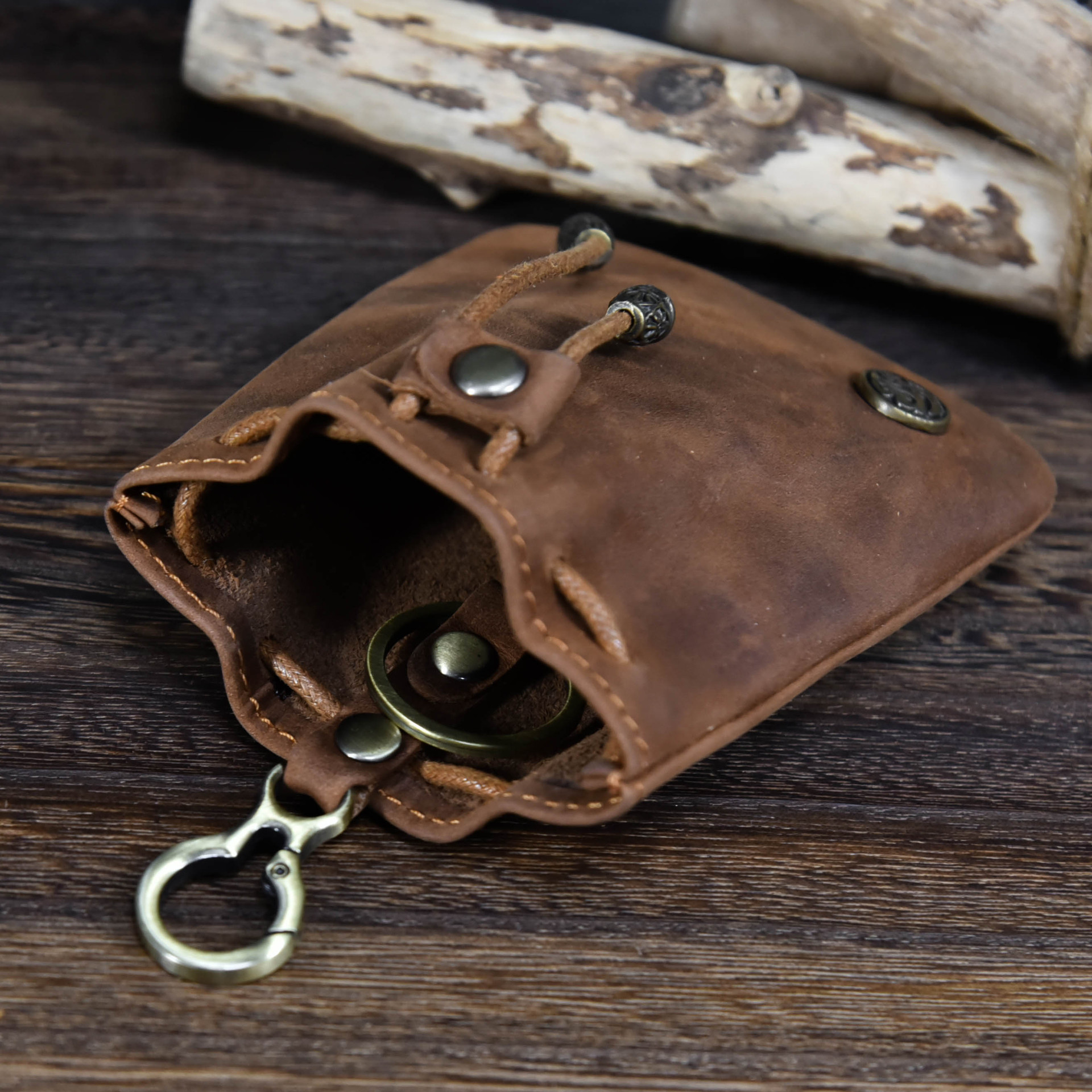 Light Brown Vintage Crazy Horse Leather Coin Purse Handmade Drawstring Pouch with Belt Clip Small Storage Bag for Coins Keys and Dice EDC — image 2