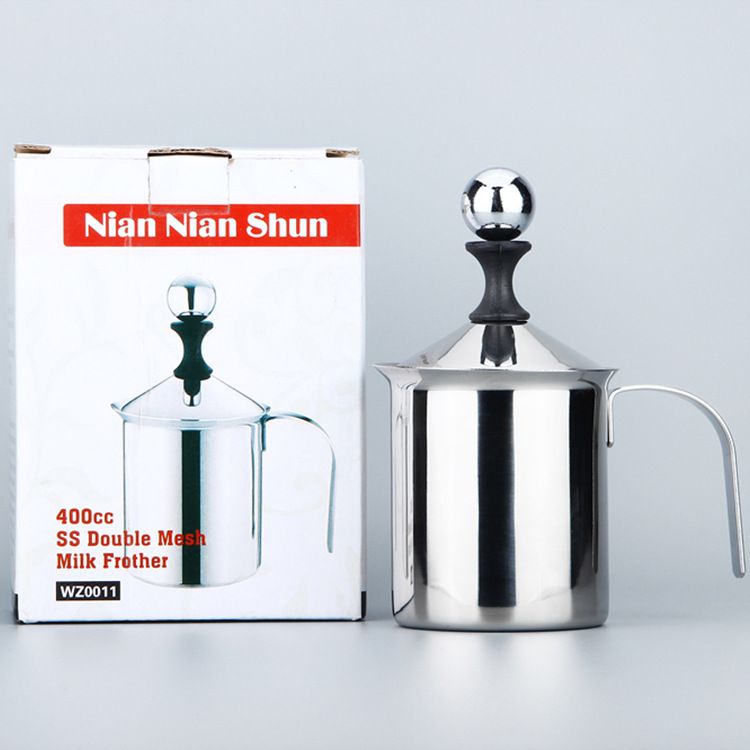 400ML 304 Stainless Steel Manual Milk Frother, Double Mesh Strainer Hand Pump Frothing Pitcher — image 5
