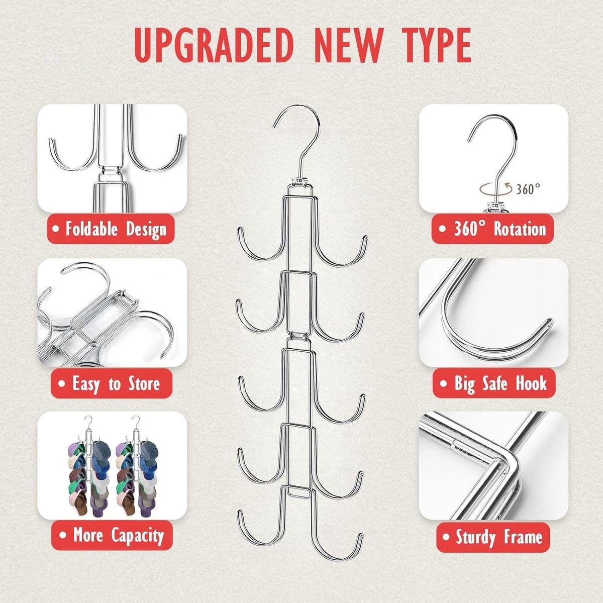 Storage Rack - Clothing and Hat Organizer - Bag Hanger - Foldable Hooks - Storage Accessories - Suitable for storing hats, bags, scarves, and belts - Silver โ image 3