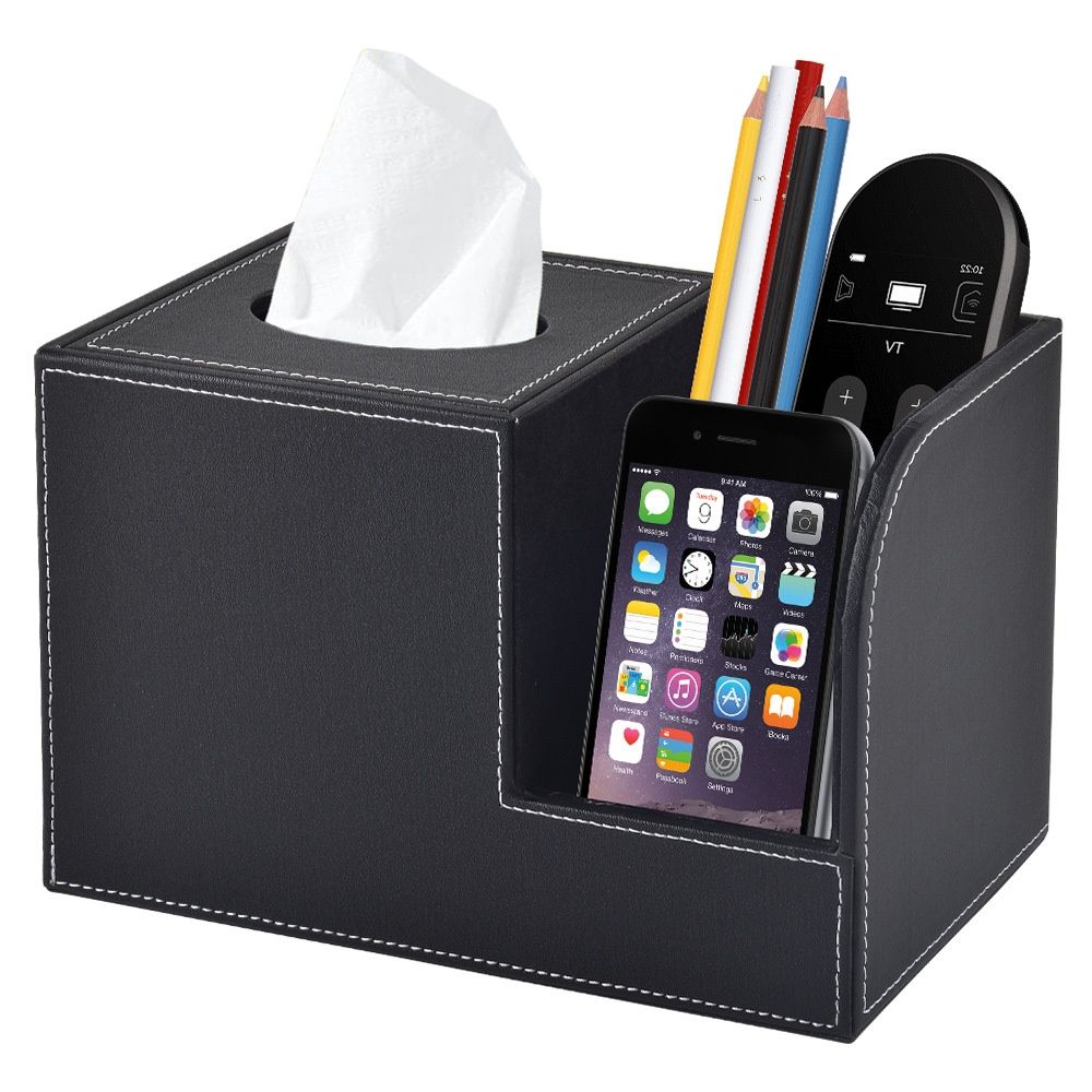 PU Leather Tissue Box Cover with Remote Control Holder, Square Tissue Box Holder for Living Room Bathroom Office (black,only box)