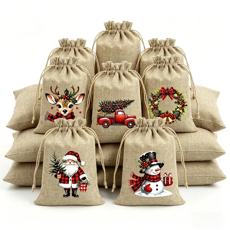 Christmas Jute Drawstring Gift Bags, Pack of 12, 5 Random Themes, Perfect for Gifts and Decorations — image 5