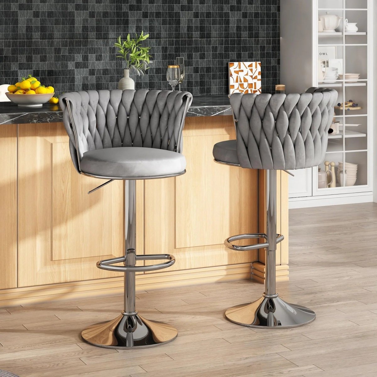 SERENITà Modern Silver Swivel Upholstered Velvet Adjustable Height Counter Stool with Metal Frame Grey (Set of 2) — image 2