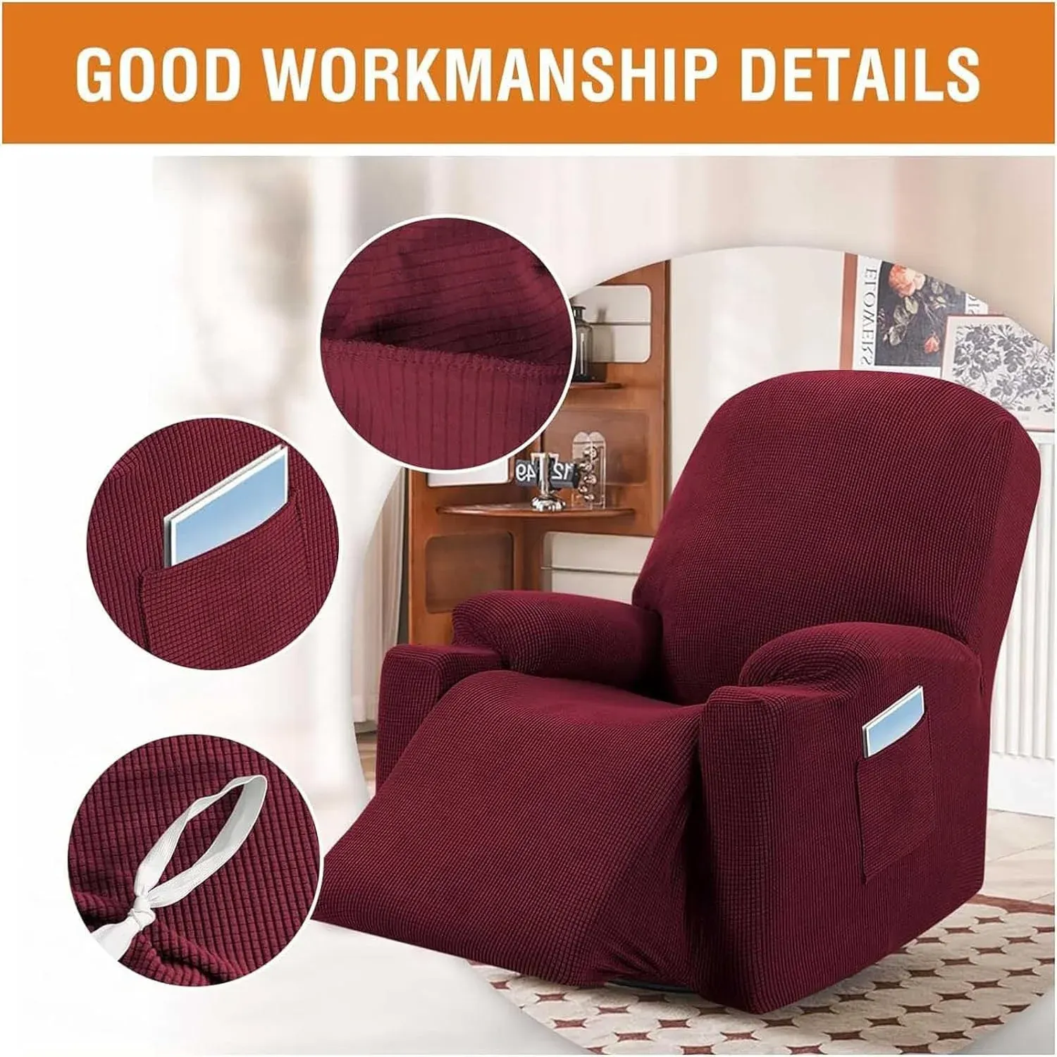 Power Lift Recliner Chair Cover, Stretch Jacquard Slipcover with Side Pocket, Wine Red โ image 4
